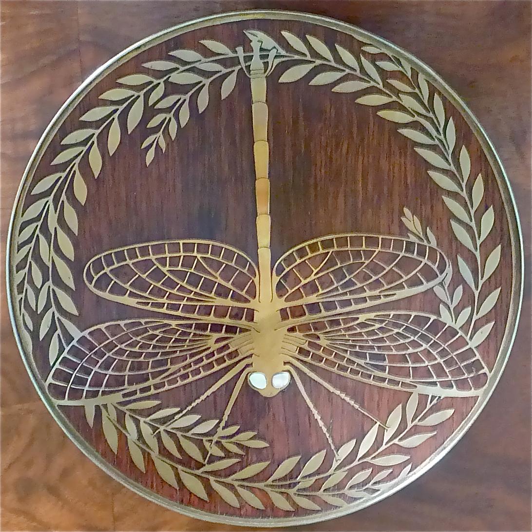 Fine Erhard Sohne Dragonfly Bowl Tray Wood Inlay Brass Art Nouveau Tiffany Style 2