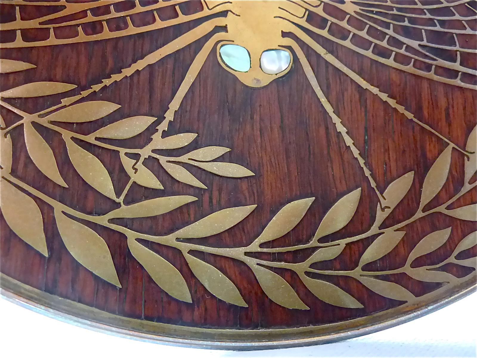 Fine Erhard Sohne Dragonfly Bowl Tray Wood Inlay Brass Art Nouveau Tiffany Style 3