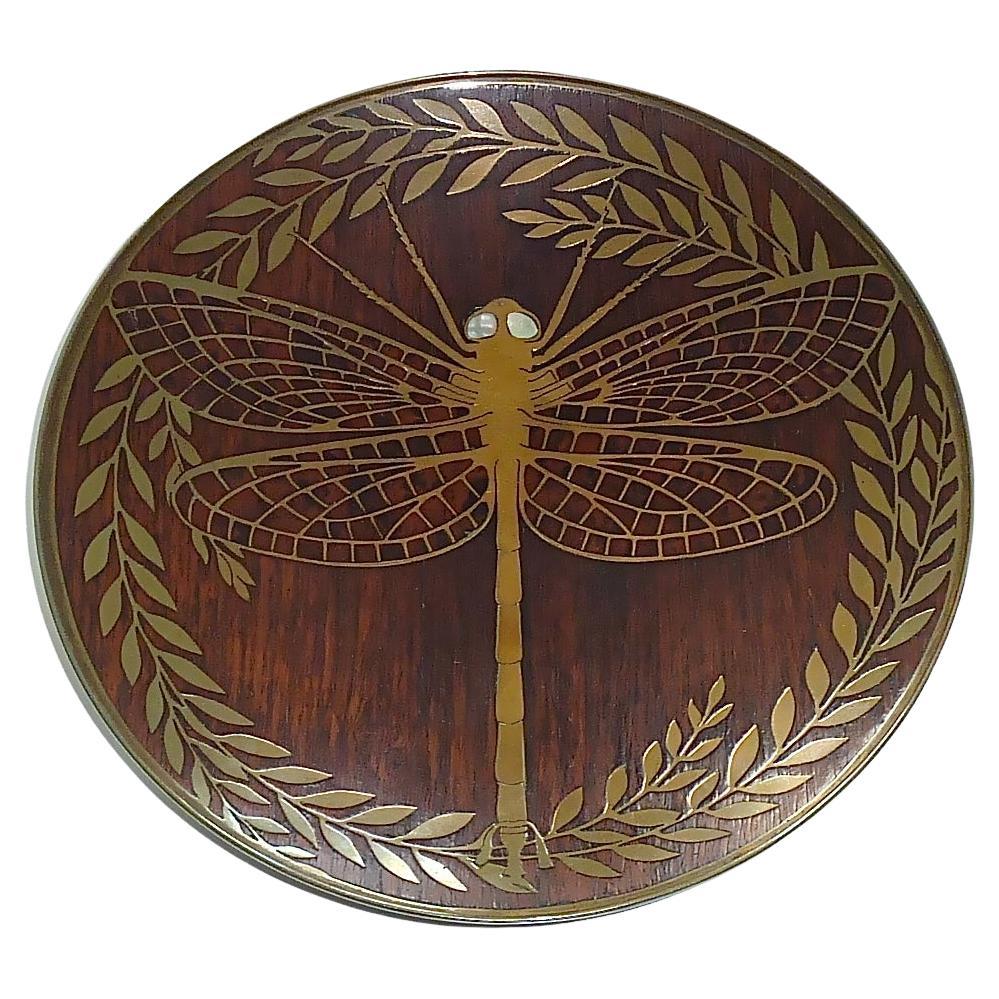 Fine Erhard Sohne Dragonfly Bowl Tray Wood Inlay Brass Art Nouveau Tiffany Style
