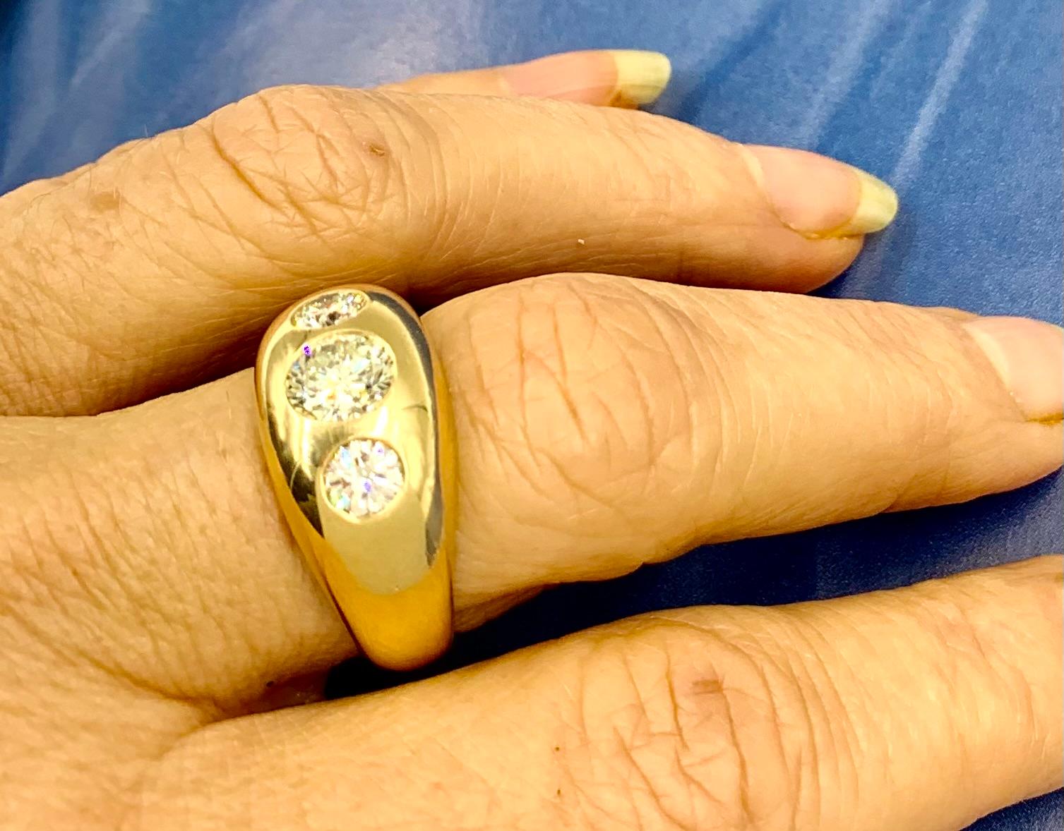 Old European Cut Fine Estate 1.71 TCW Diamond 14K Yellow Gold Three Stone Gypsy Ring For Sale