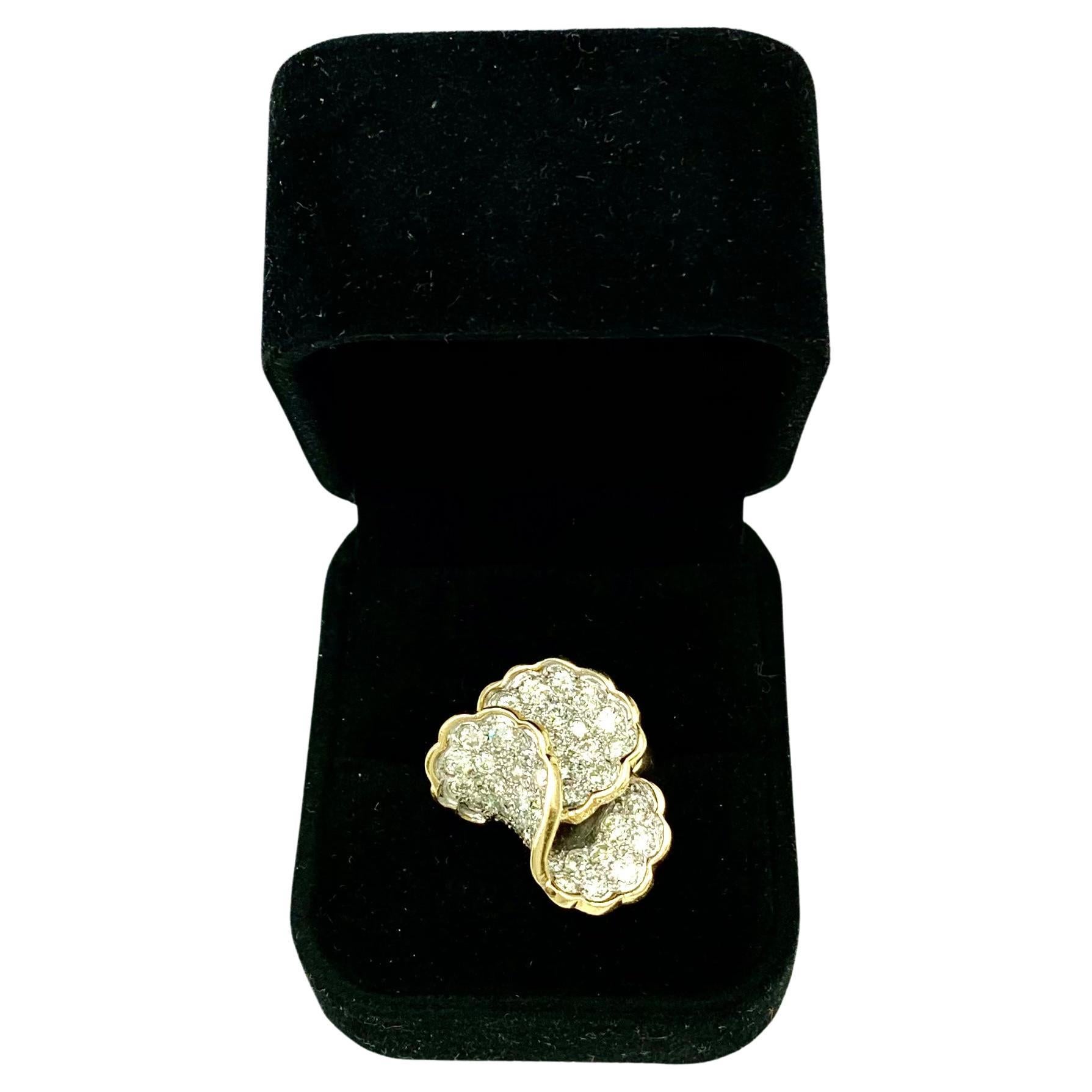 Fine Estate 3 TCW Pave Diamond 14K Yellow, White Gold Pansy Ring For Sale