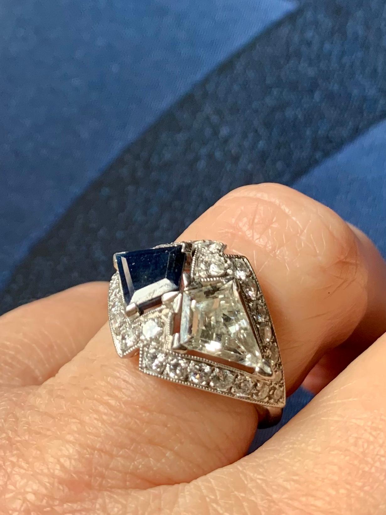 Fine Estate Art Deco Period Moi et Toi Diamond Sapphire Platinum Ring Circa 1920 For Sale 7