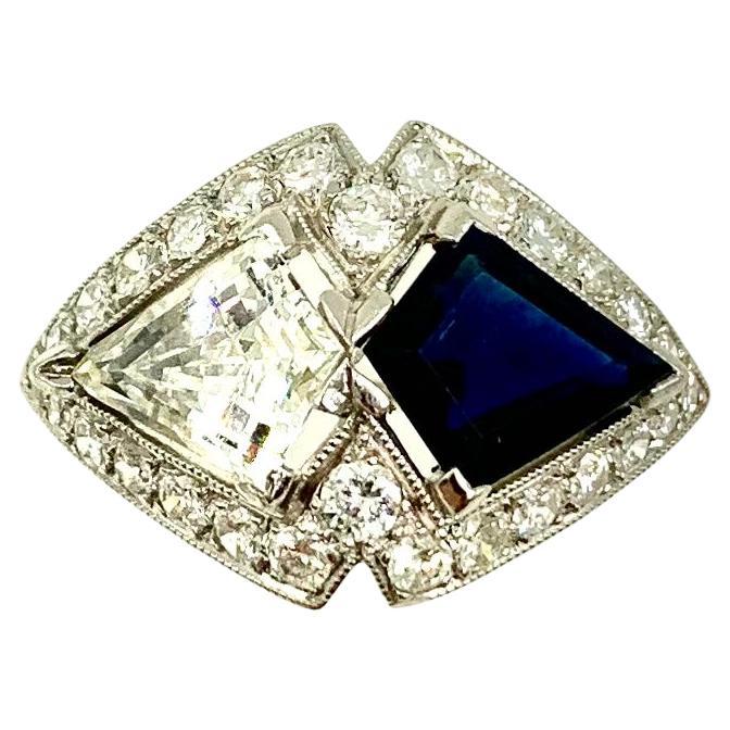 Fine Estate Art Deco Period Moi et Toi Diamond Sapphire Platinum Ring Circa 1920 For Sale