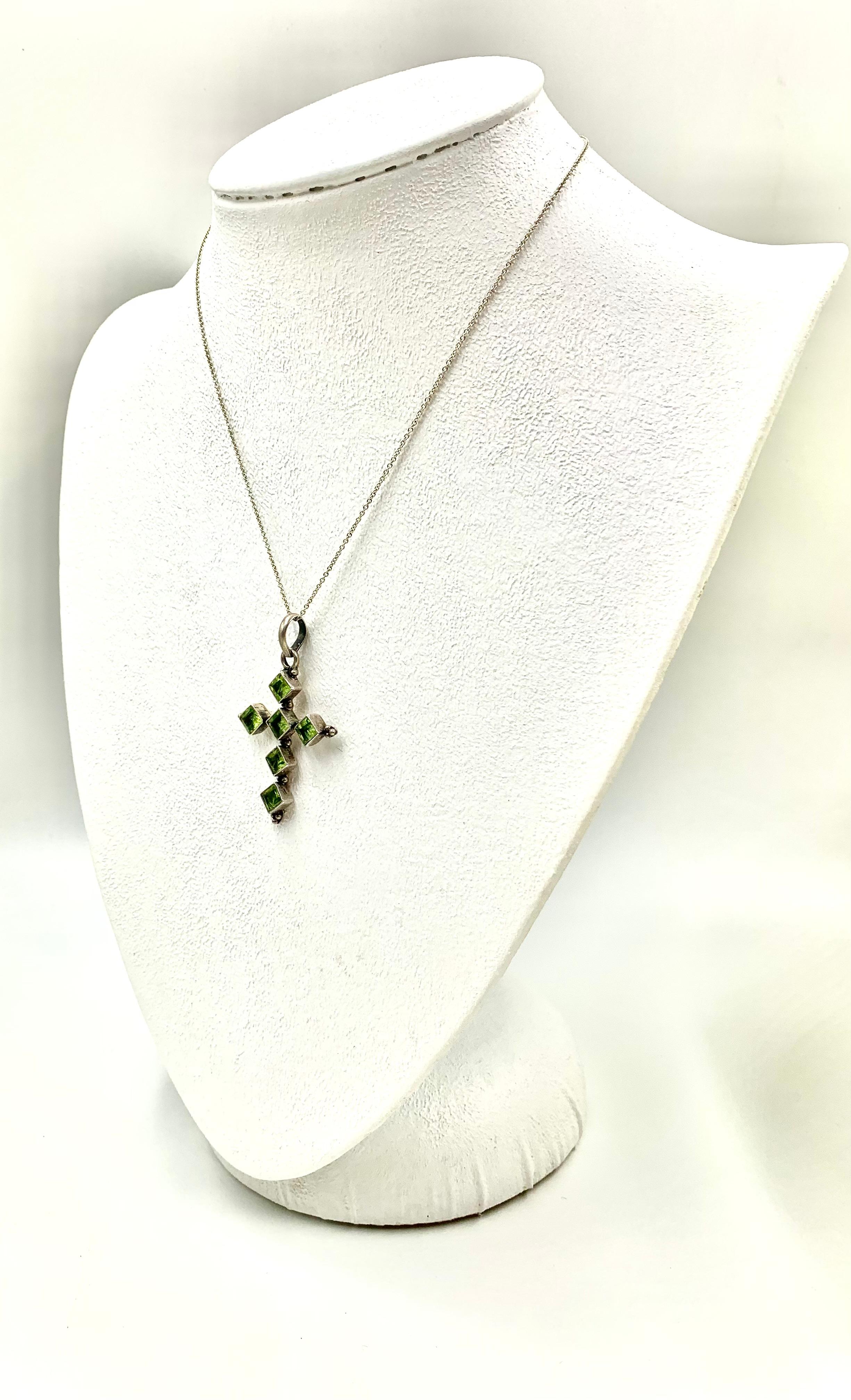 Fine Estate Arts and Crafts Style Peridot Sterling Silver Cross For Sale 4