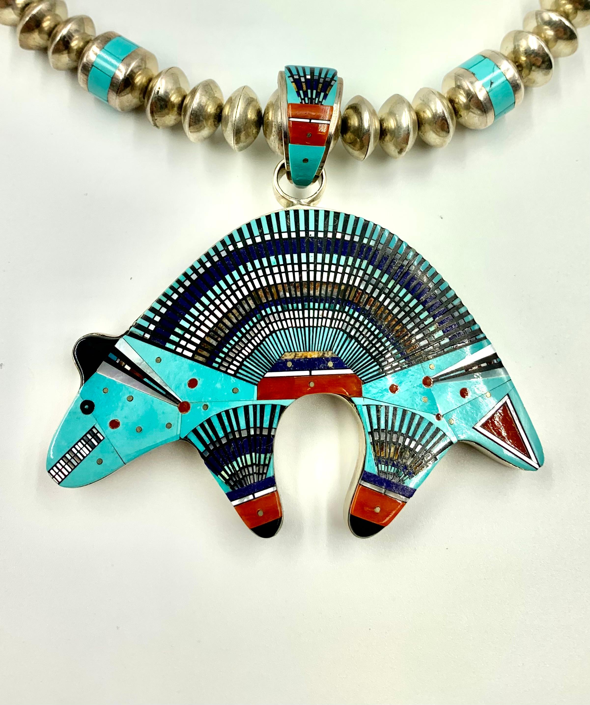 Fine Estate Ervin Tsosie Navajo Turquoise Coral Lapis Lazuli Inlay Bear Necklace For Sale 2