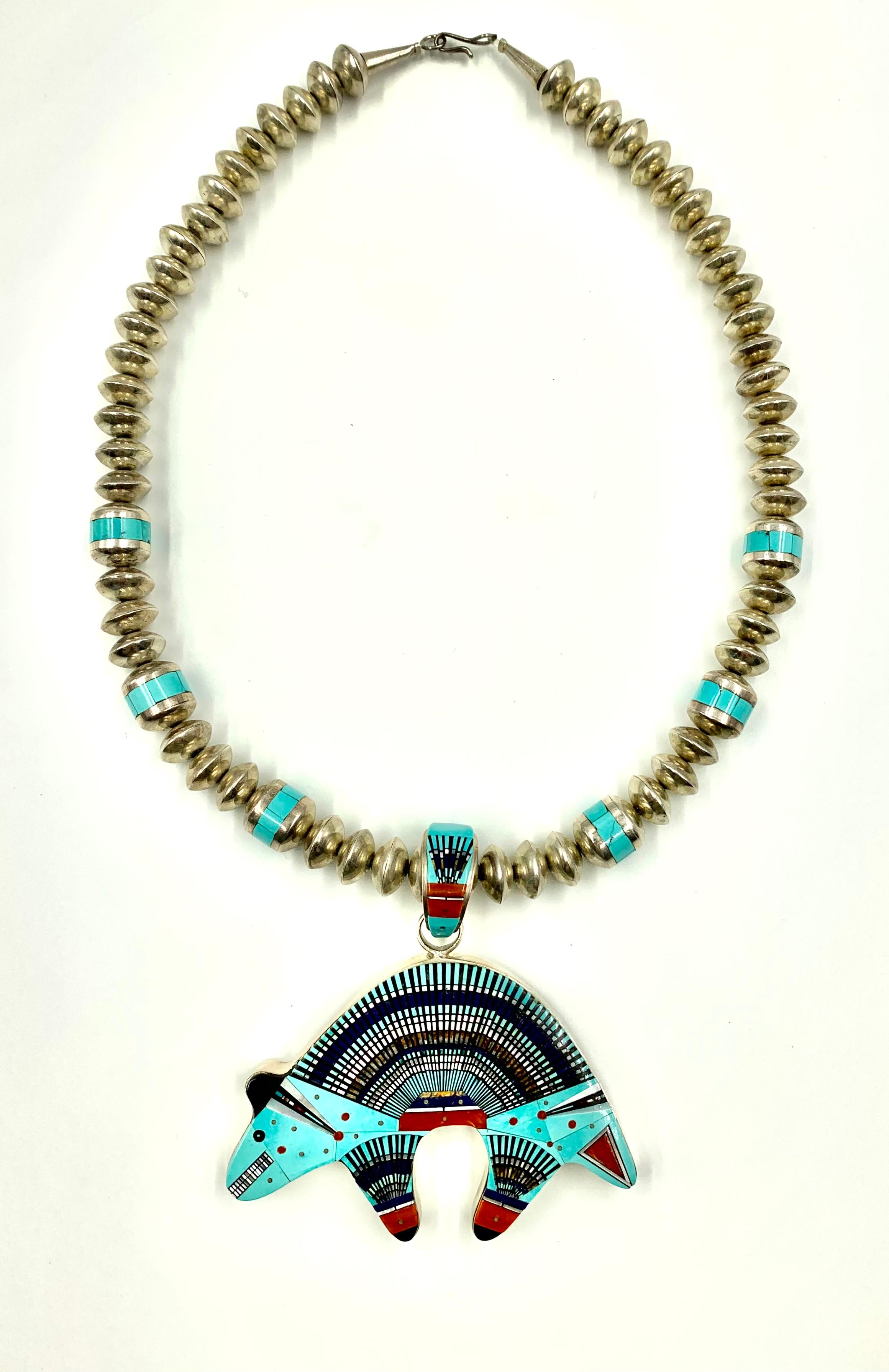 Fine Estate Ervin Tsosie Navajo Turquoise Coral Lapis Lazuli Inlay Bear Necklace For Sale 3