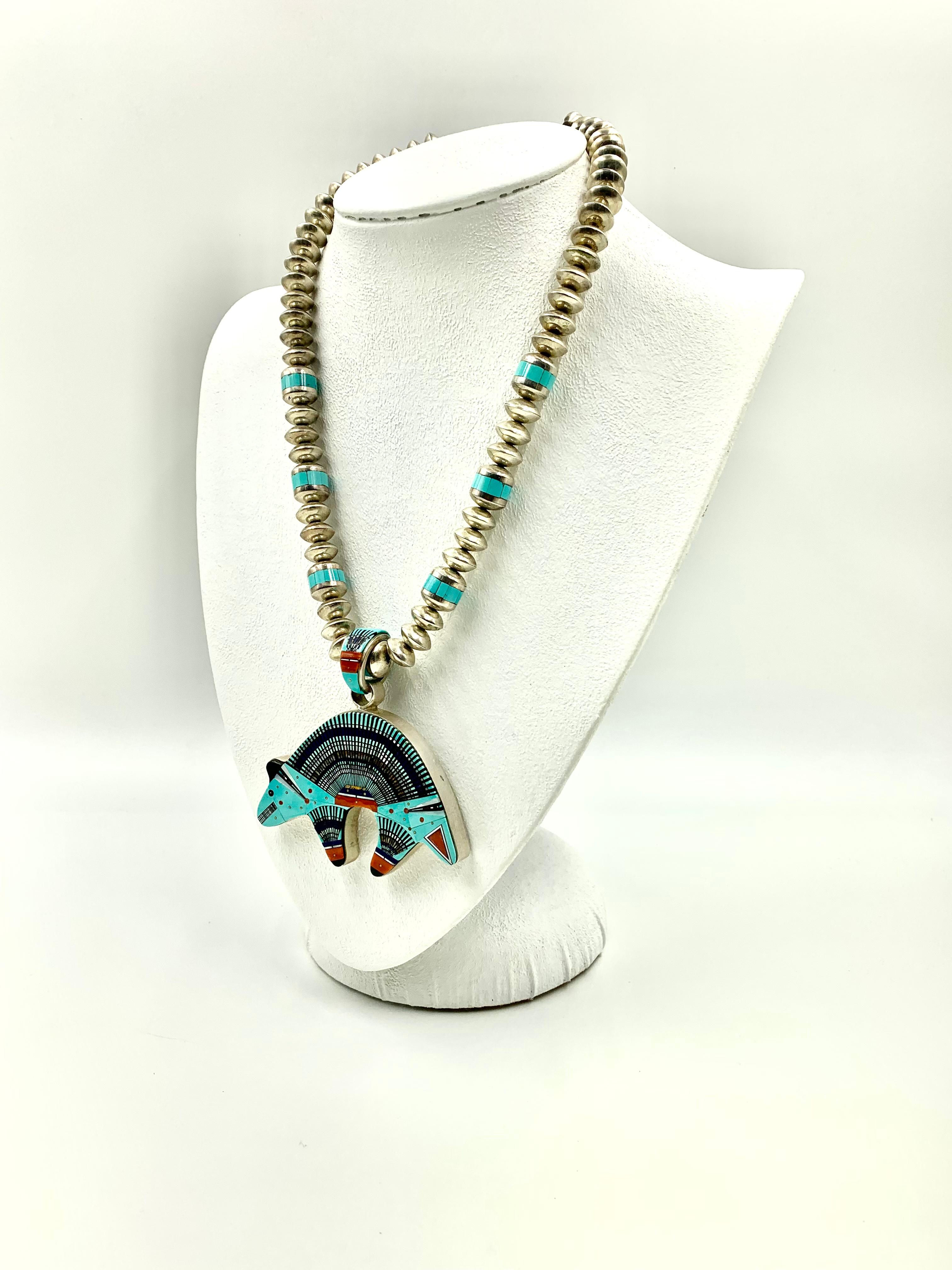 Fine Estate Ervin Tsosie Navajo Turquoise Coral Lapis Lazuli Inlay Bear Necklace For Sale 4