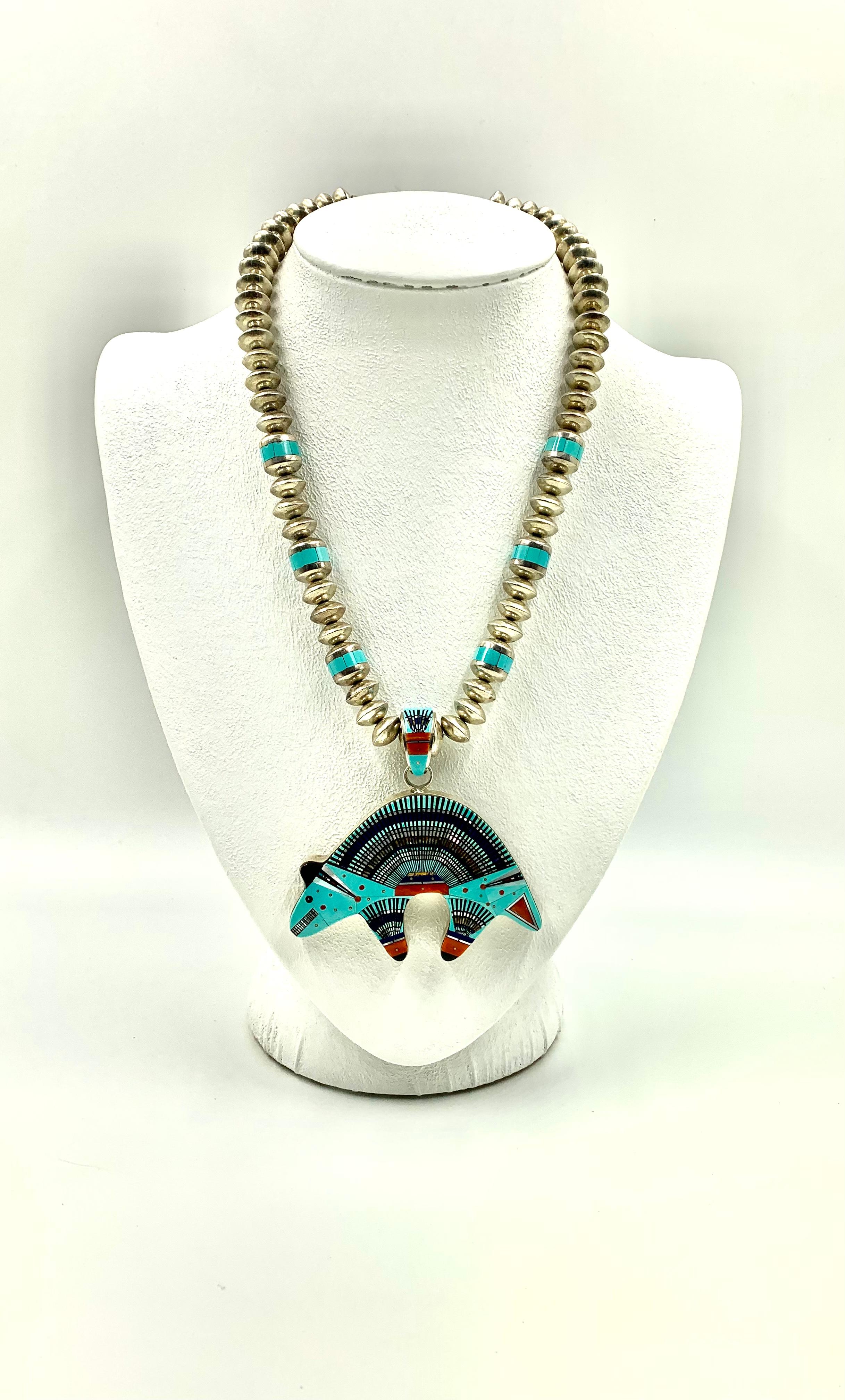 Mixed Cut Fine Estate Ervin Tsosie Navajo Turquoise Coral Lapis Lazuli Inlay Bear Necklace For Sale