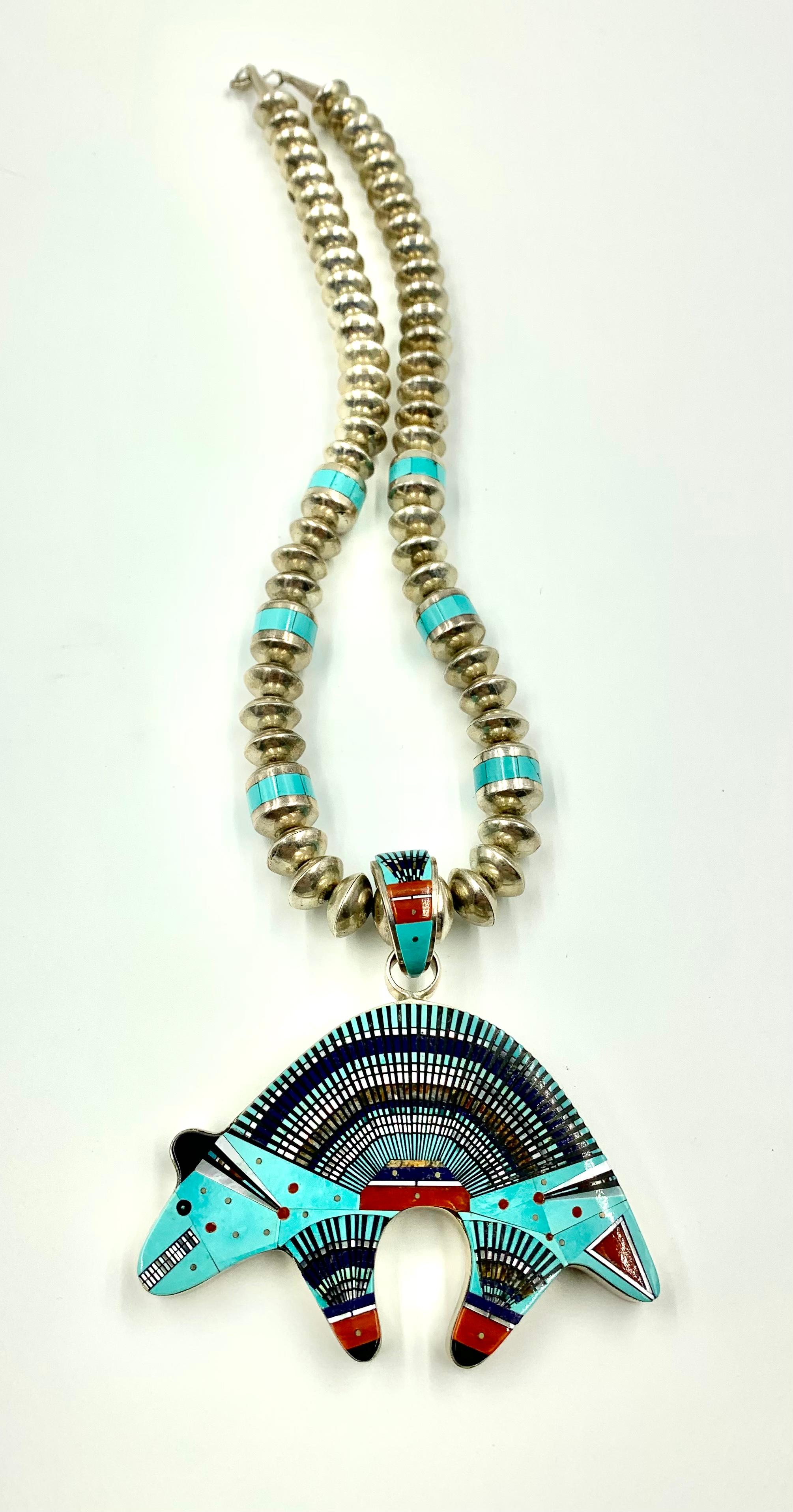 Fine Estate Ervin Tsosie Navajo Turquoise Coral Lapis Lazuli Inlay Bear Necklace In Good Condition For Sale In New York, NY