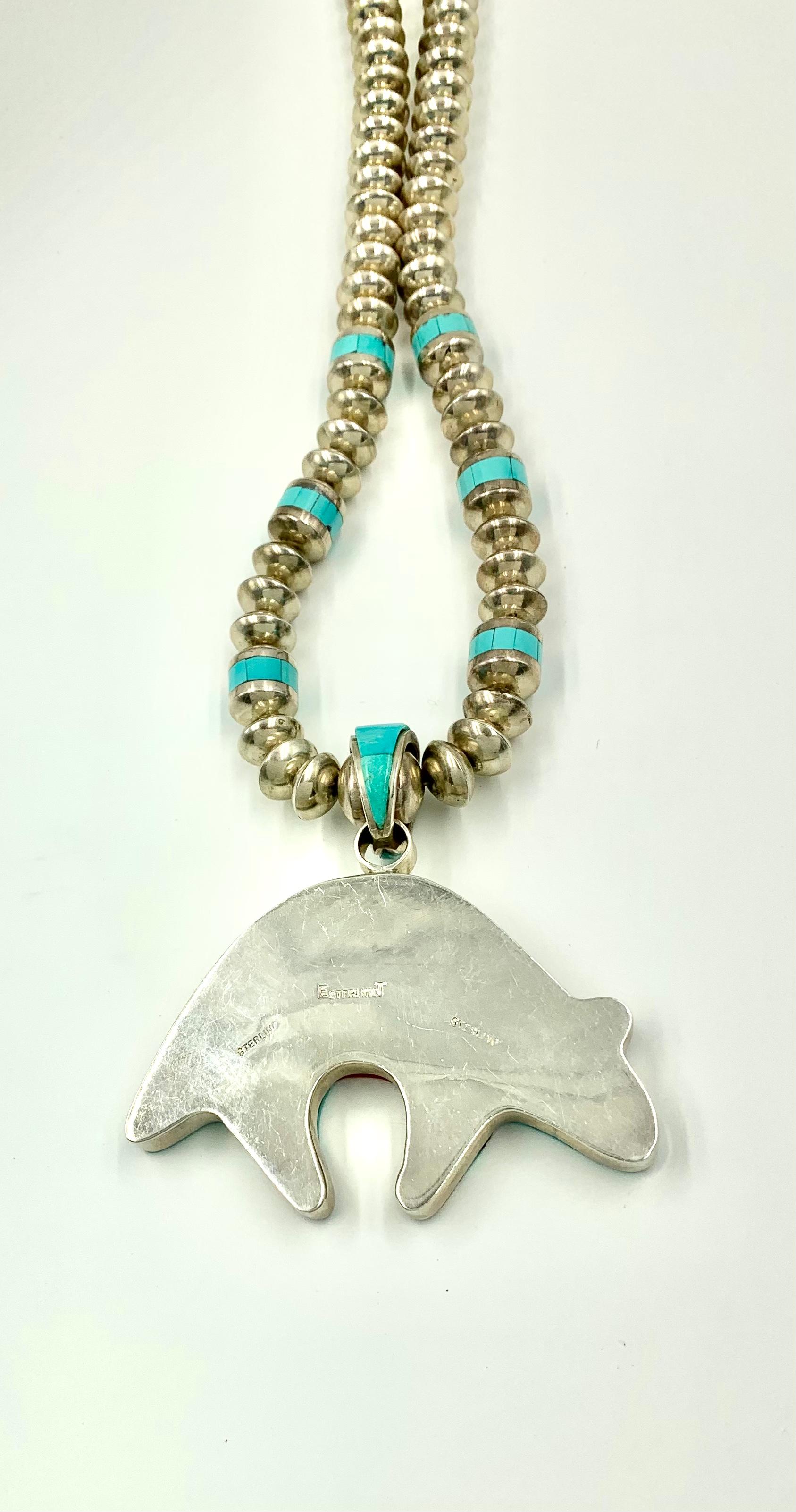 Women's or Men's Fine Estate Ervin Tsosie Navajo Turquoise Coral Lapis Lazuli Inlay Bear Necklace For Sale