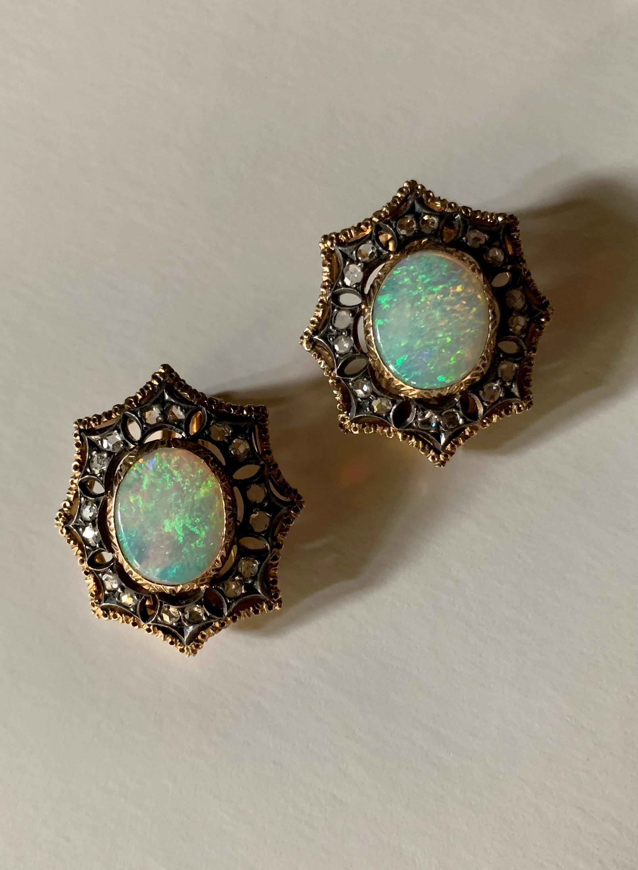 Fine Estate Mario Buccellati Cabochon Opal Diamond 18K Two Color Gold Earrings For Sale 8