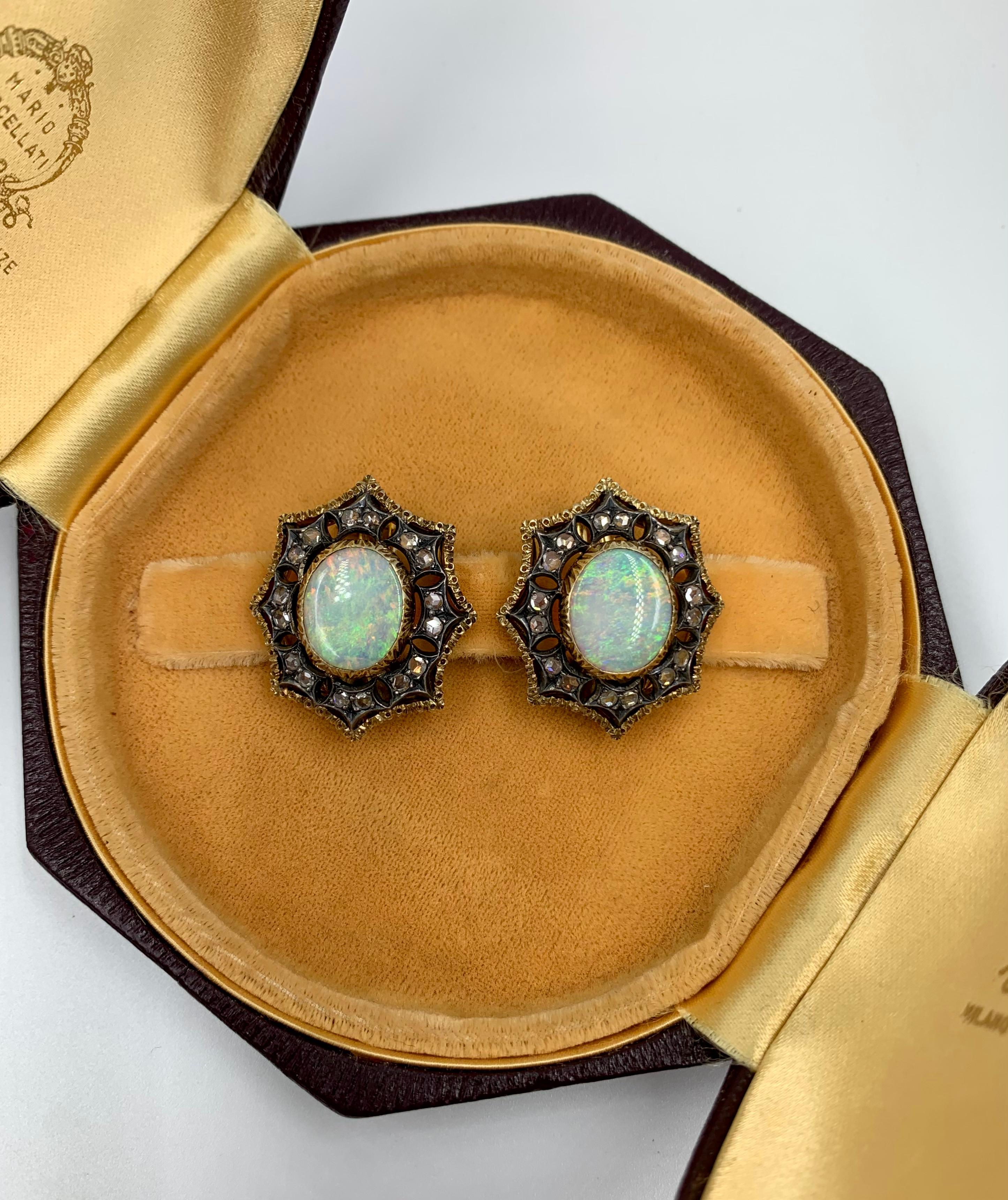 Fine Estate Mario Buccellati Cabochon Opal Diamond 18K Two Color Gold Earrings In Good Condition For Sale In New York, NY