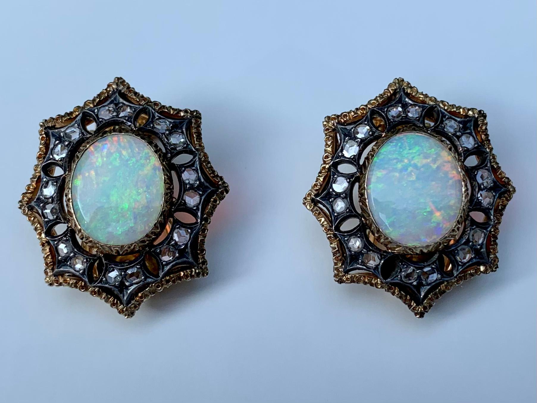 Fine Estate Mario Buccellati Cabochon Opal Diamond 18K Two Color Gold Earrings For Sale 2