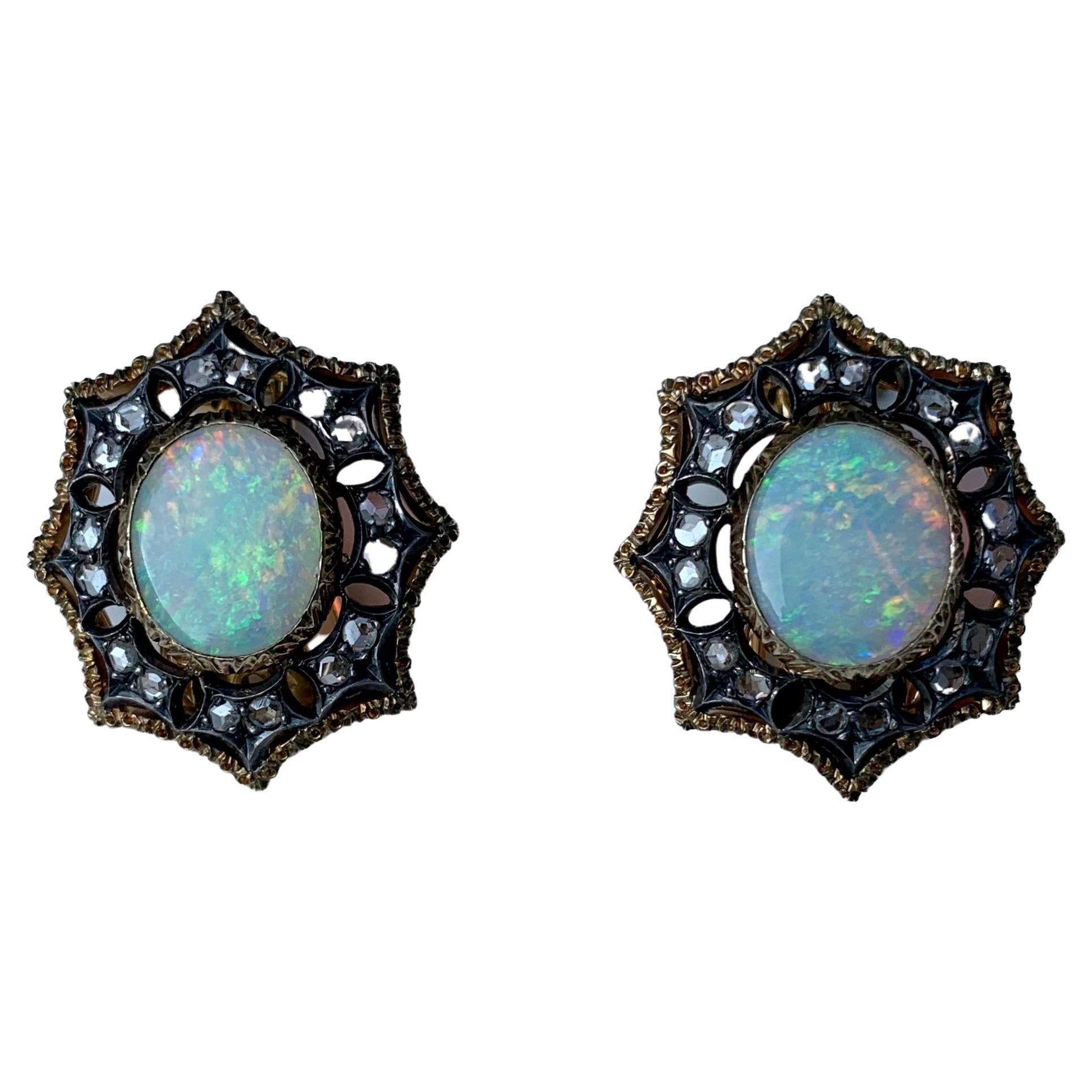 Fine Estate Mario Buccellati Cabochon Opal Diamond 18K Two Color Gold Earrings For Sale