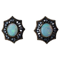 Fine Estate Mario Buccellati Cabochon Opal Diamond 18K Two Color Gold Earrings
