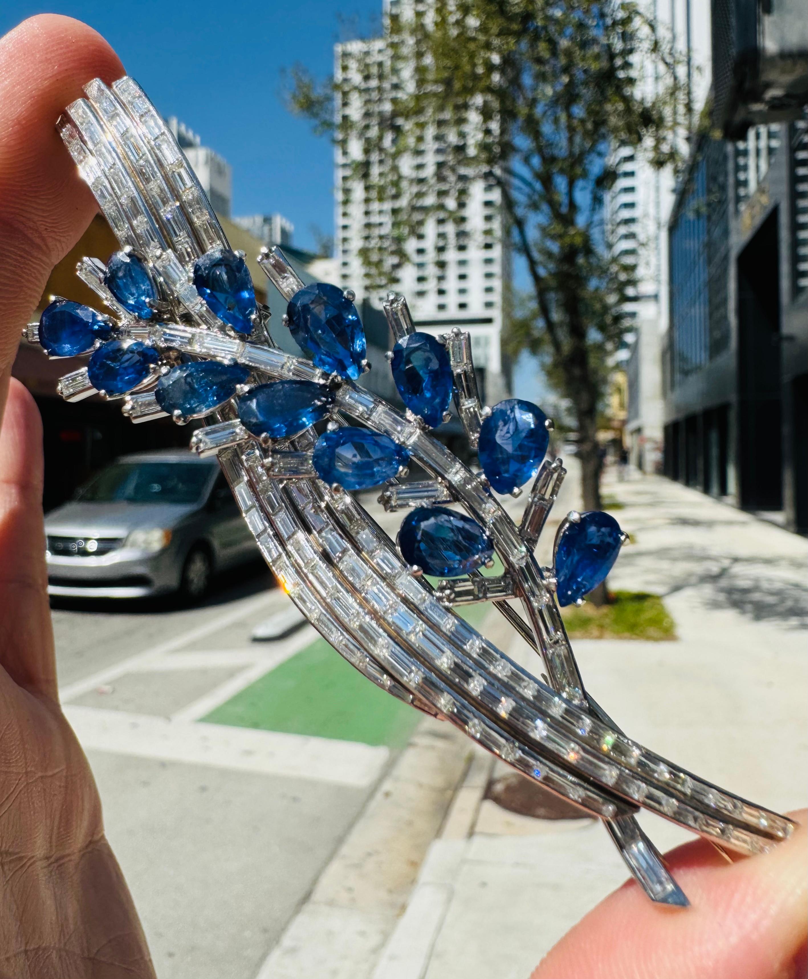 Art Deco Fine Estate Platinum Sapphire & Baguette Diamond Leaf Brooch 4