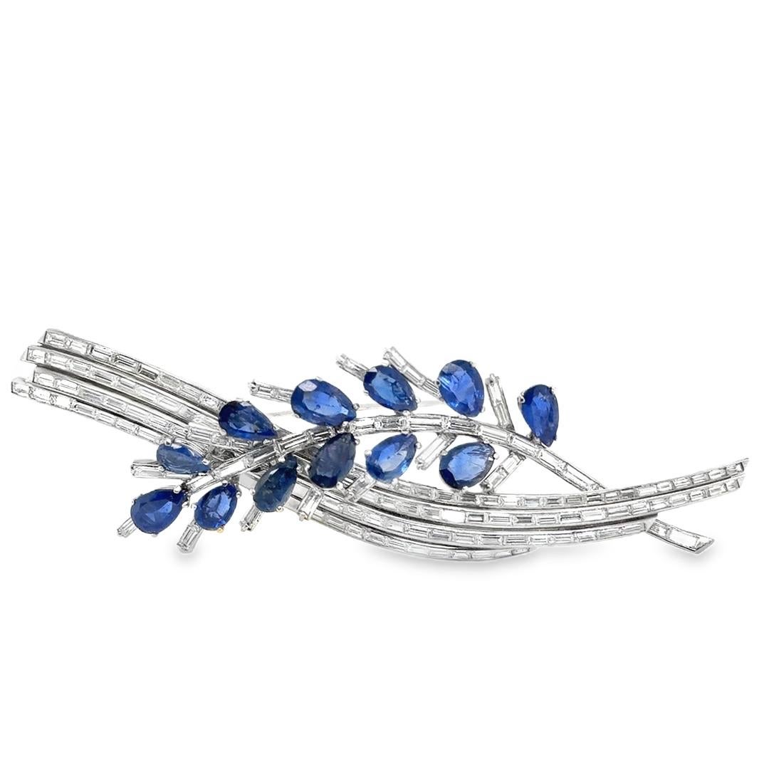 Baguette Cut Fine Estate Platinum Sapphire & Baguette Diamond Leaf Brooch 4