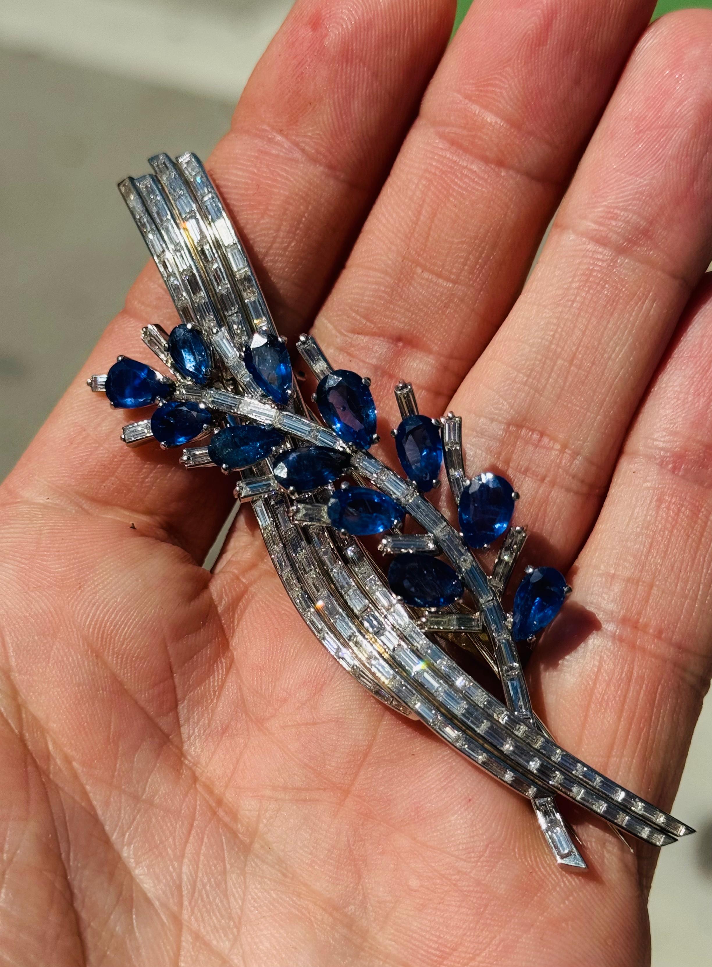Fine Estate Platinum Sapphire & Baguette Diamond Leaf Brooch 4
