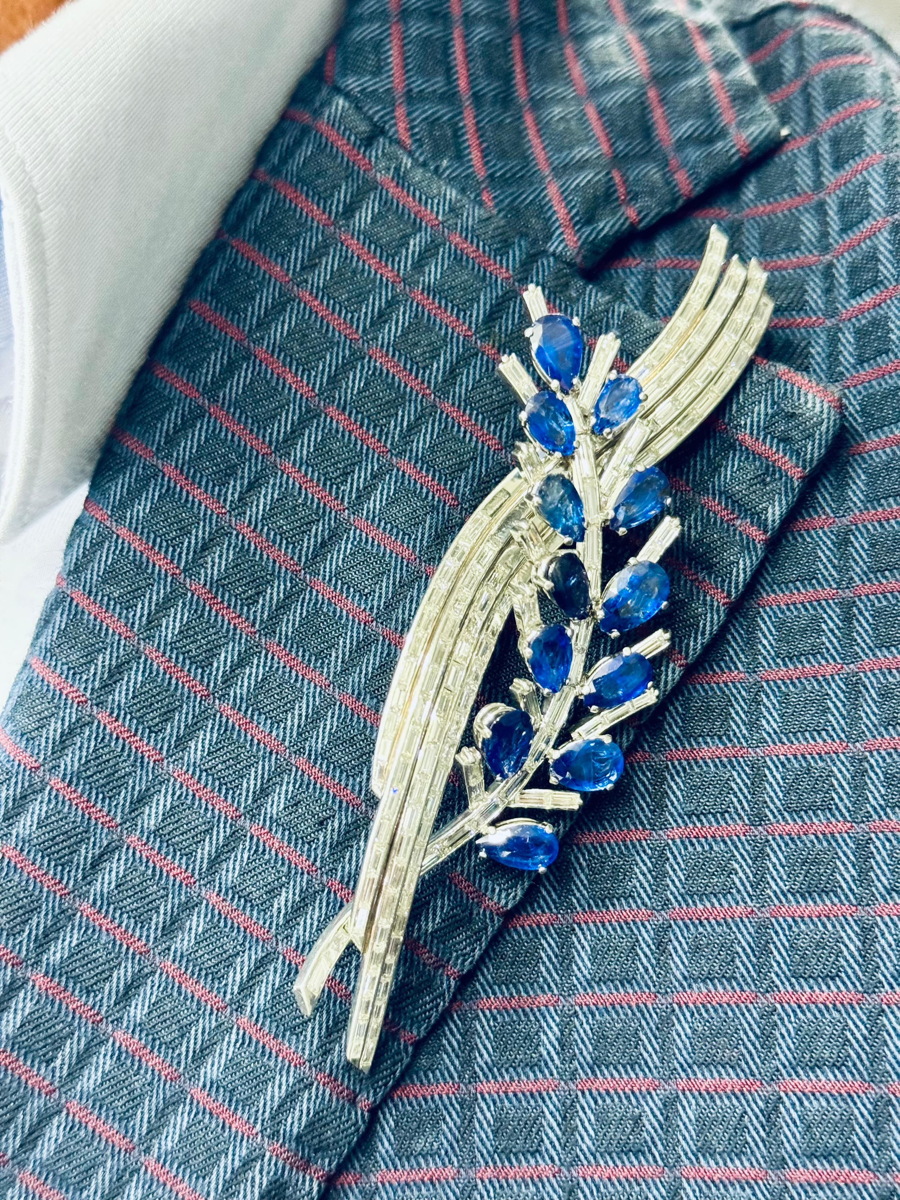 Women's or Men's Fine Estate Platinum Sapphire & Baguette Diamond Leaf Brooch 4