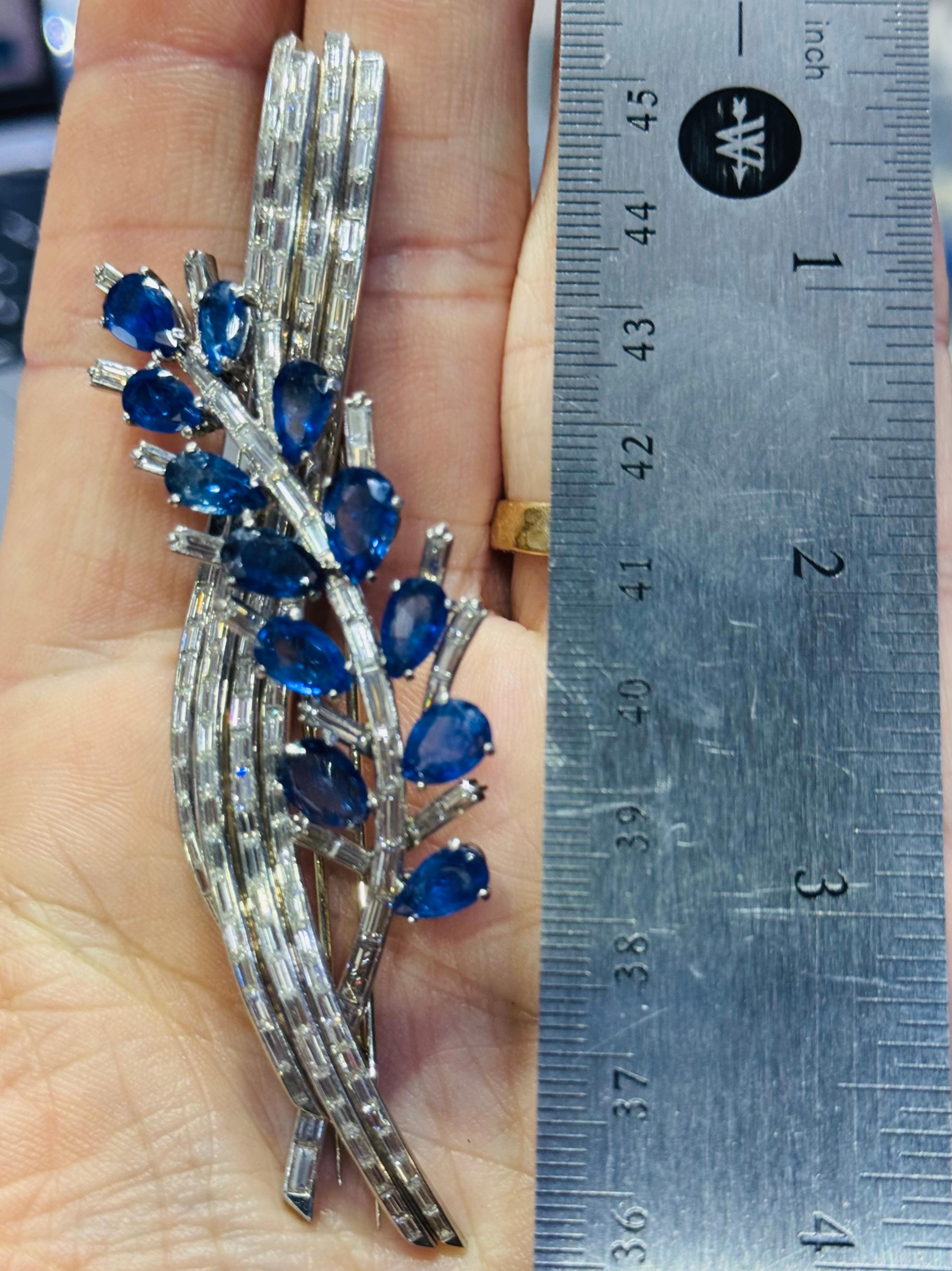 Fine Estate Platinum Sapphire & Baguette Diamond Leaf Brooch 4