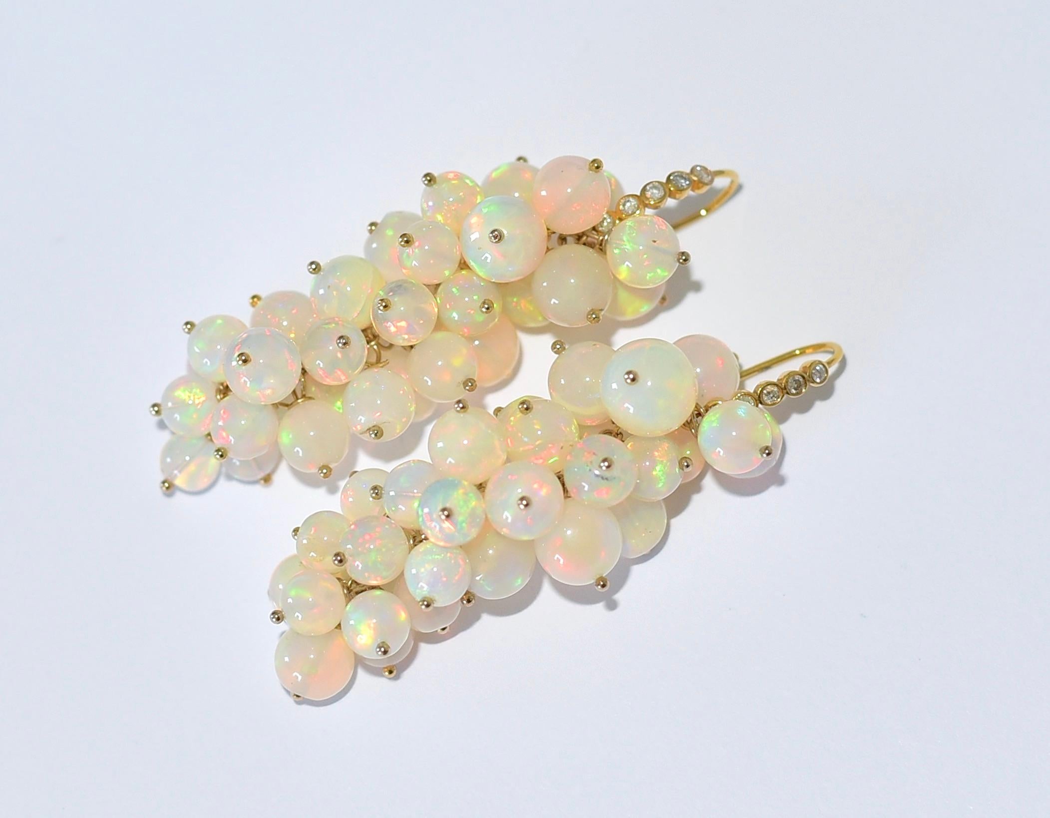 Fine Ethiopian White Opal Earrings in 14K Solid Yellow Gold, Diamonds In New Condition In Astoria, NY