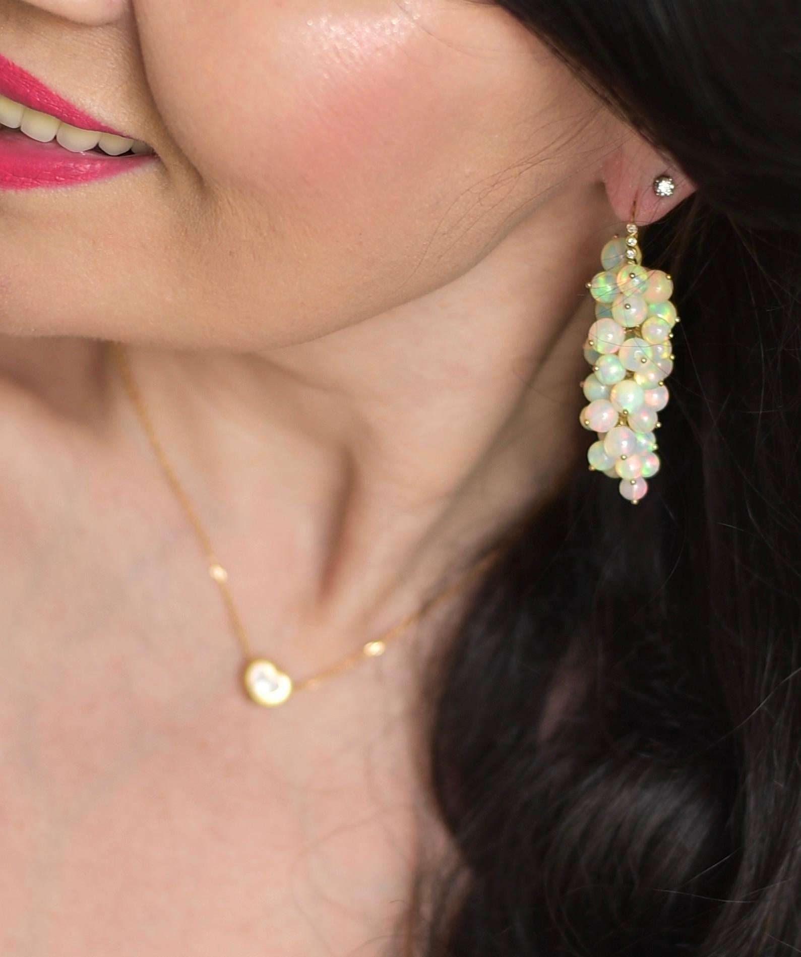Round Cut Fine Ethiopian White Opal Earrings in 14K Solid Yellow Gold, Diamonds