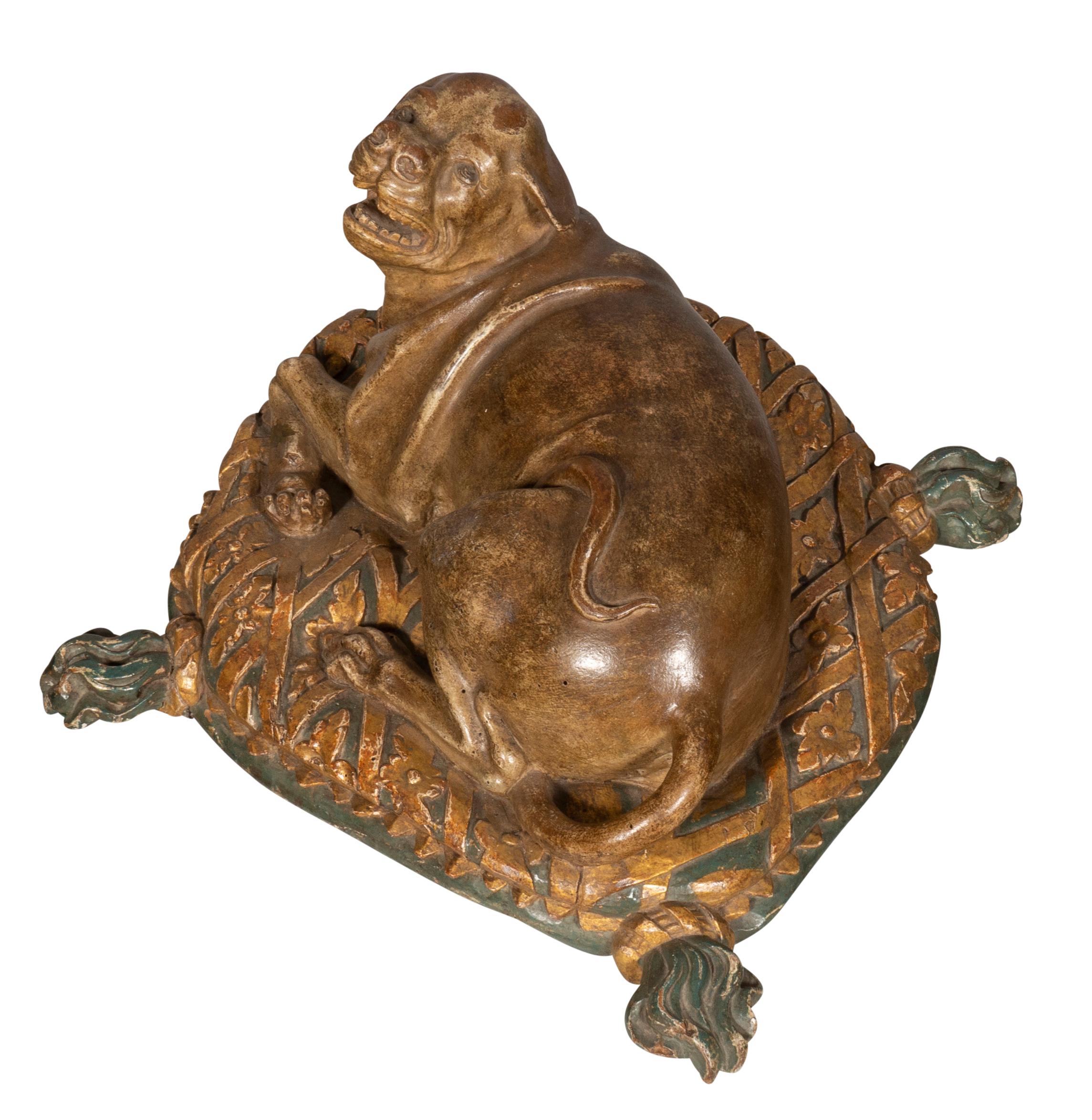 Mid-19th Century Fine European Carved and Painted Dog Lying on a Pillow For Sale