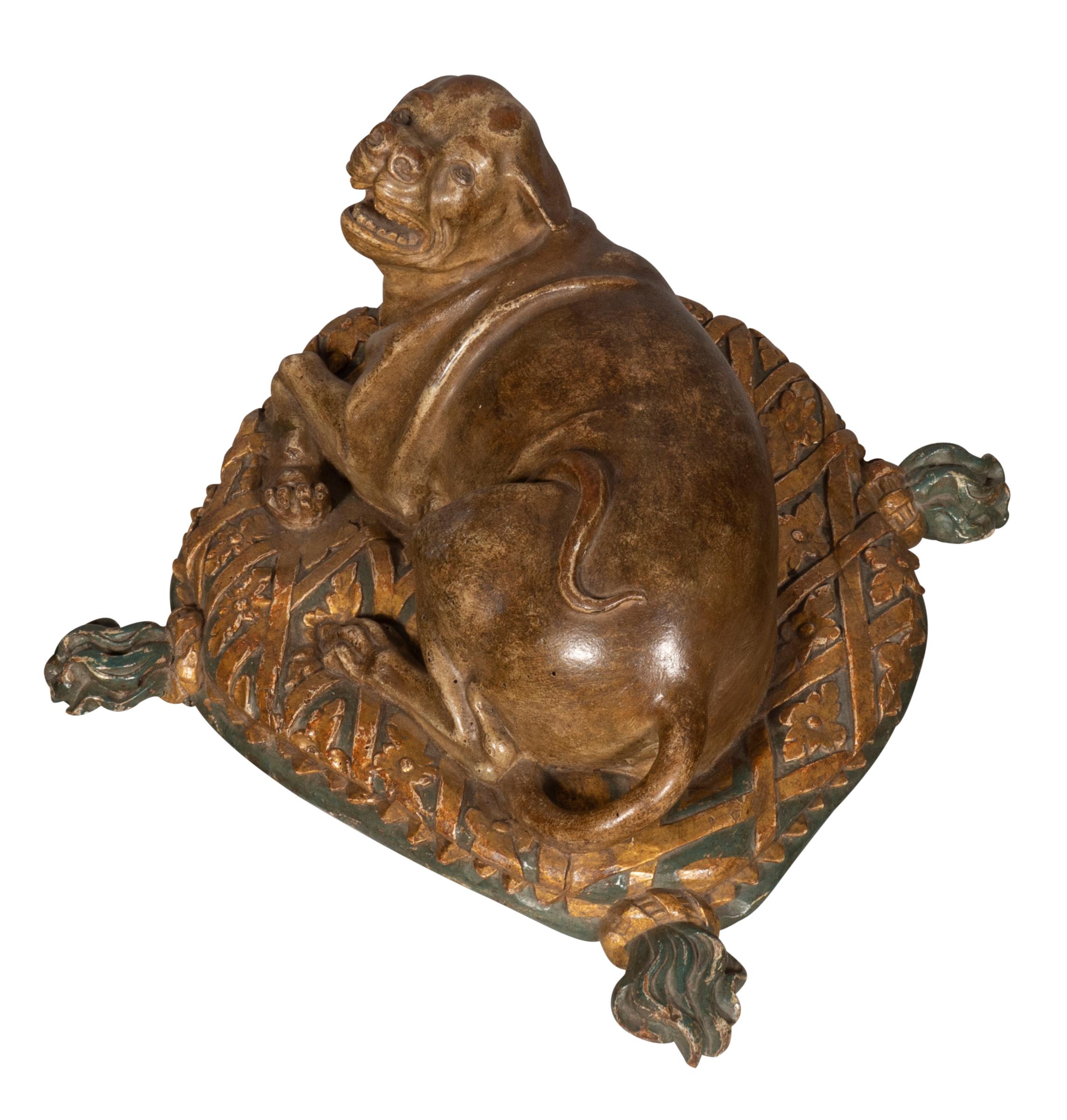 Walnut Fine European Carved and Painted Dog Lying on a Pillow For Sale
