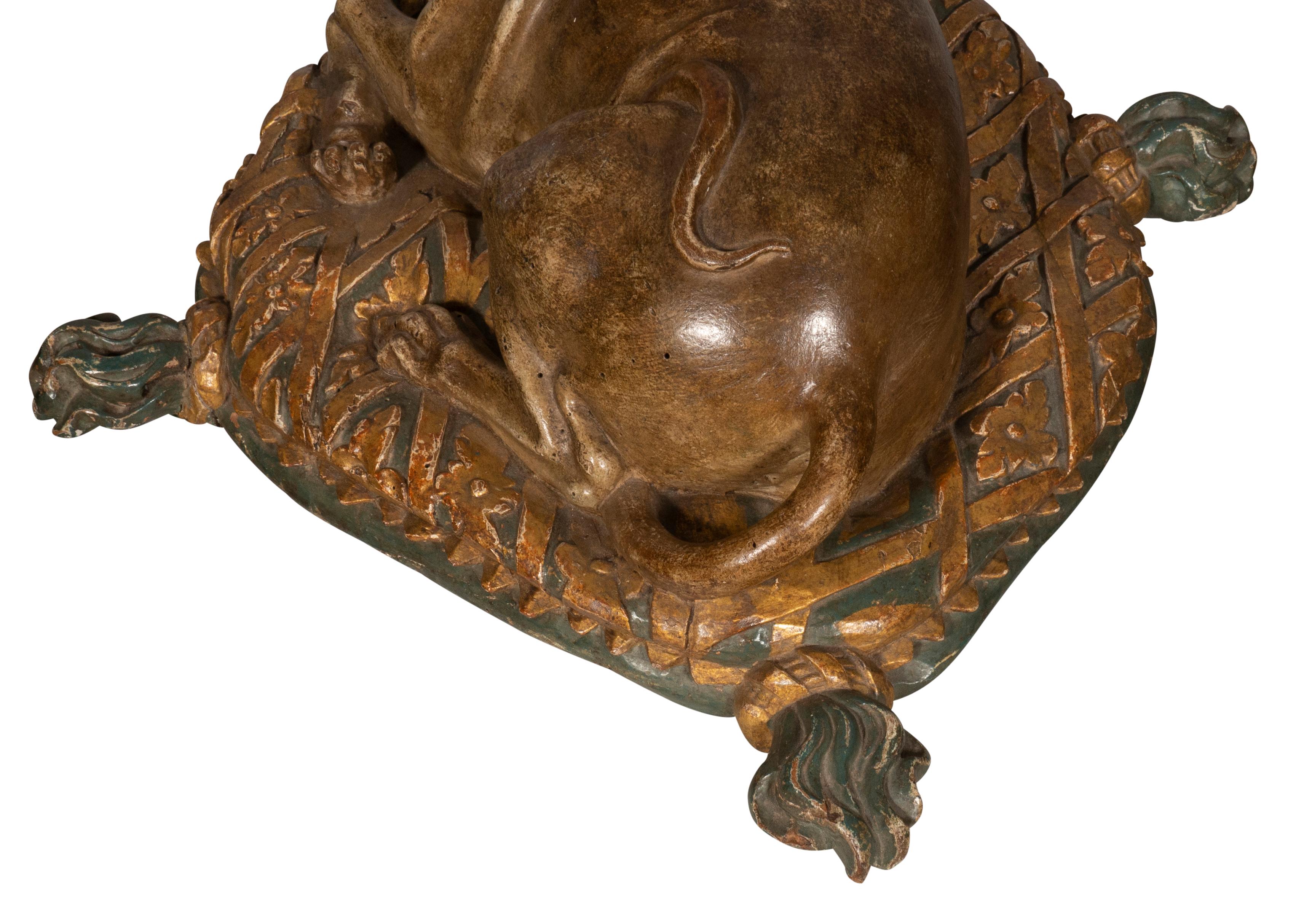 Fine European Carved and Painted Dog Lying on a Pillow For Sale 1