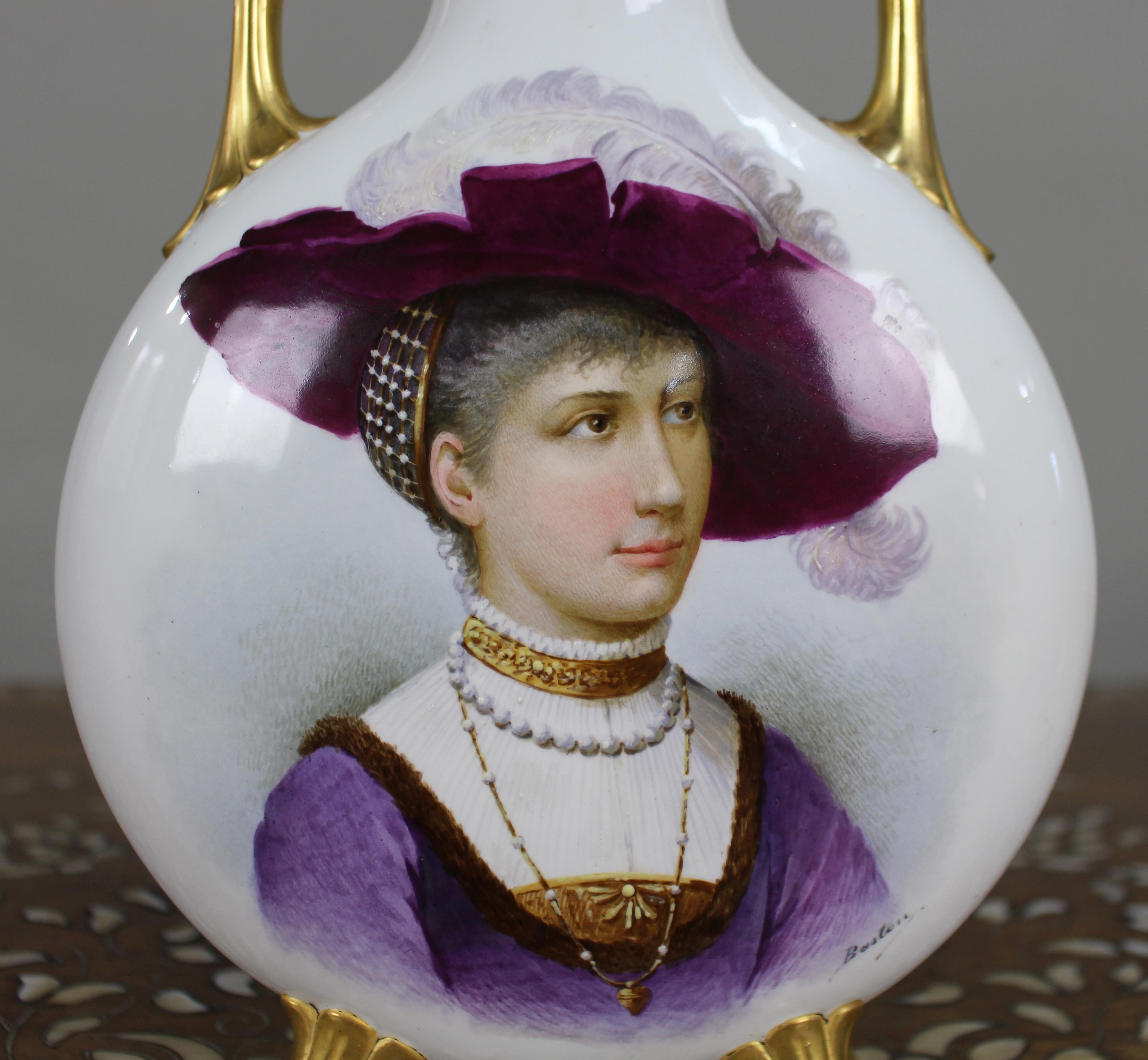 Austrian Fine European Hand-Painted & Gilded Moon Flask Vase c.1890 For Sale