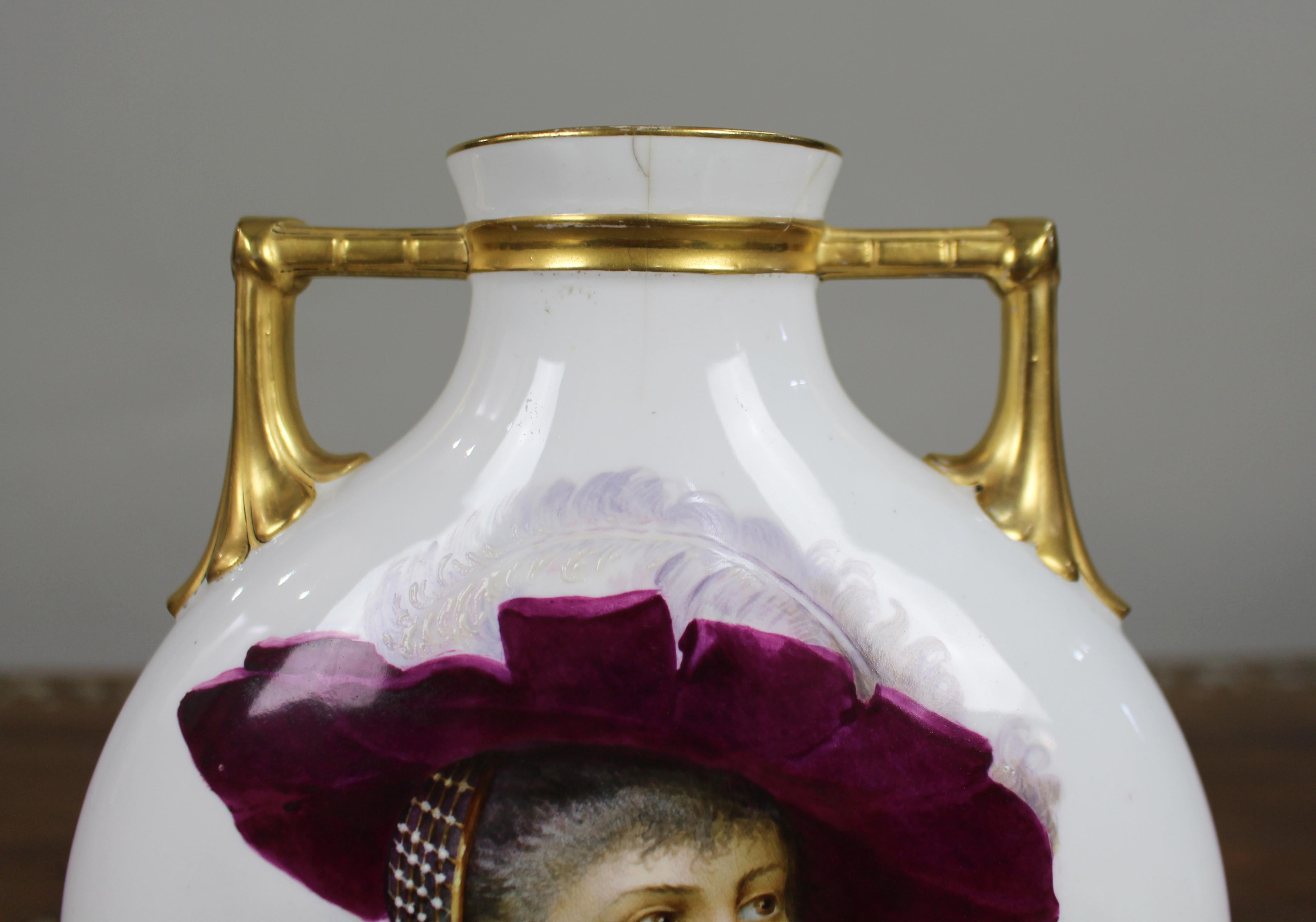 19th Century Fine European Hand-Painted & Gilded Moon Flask Vase c.1890 For Sale
