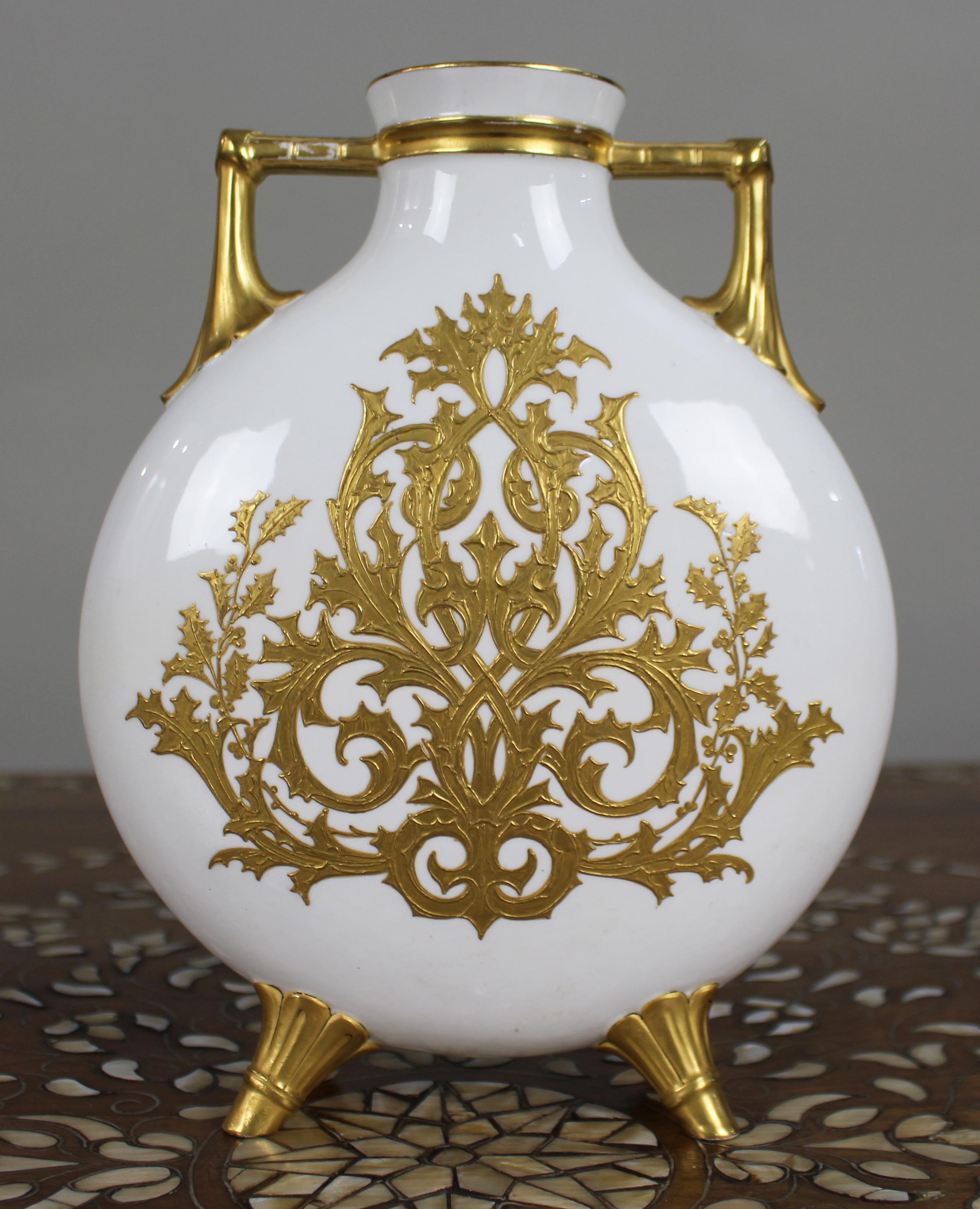 Fine European Hand-Painted & Gilded Moon Flask Vase c.1890 For Sale 1
