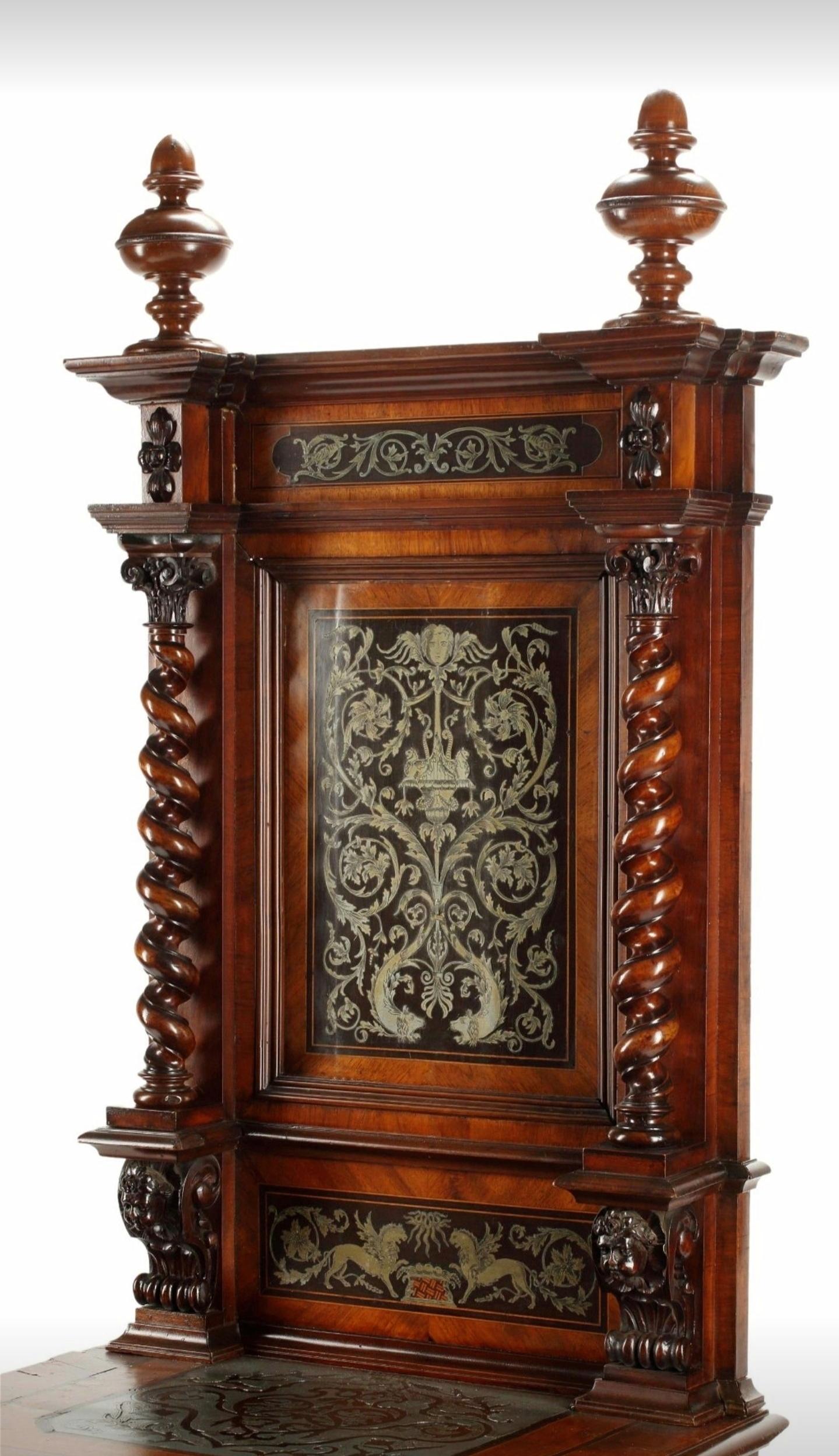 A magnificent fine quality antique European pewter-inlaid cabinet. 

Exquisitely hand-crafted in Continental Europe in the 19th century, most likely Northern Italy, exceptionally executed in refined Renaissance Revival taste, finely carved and