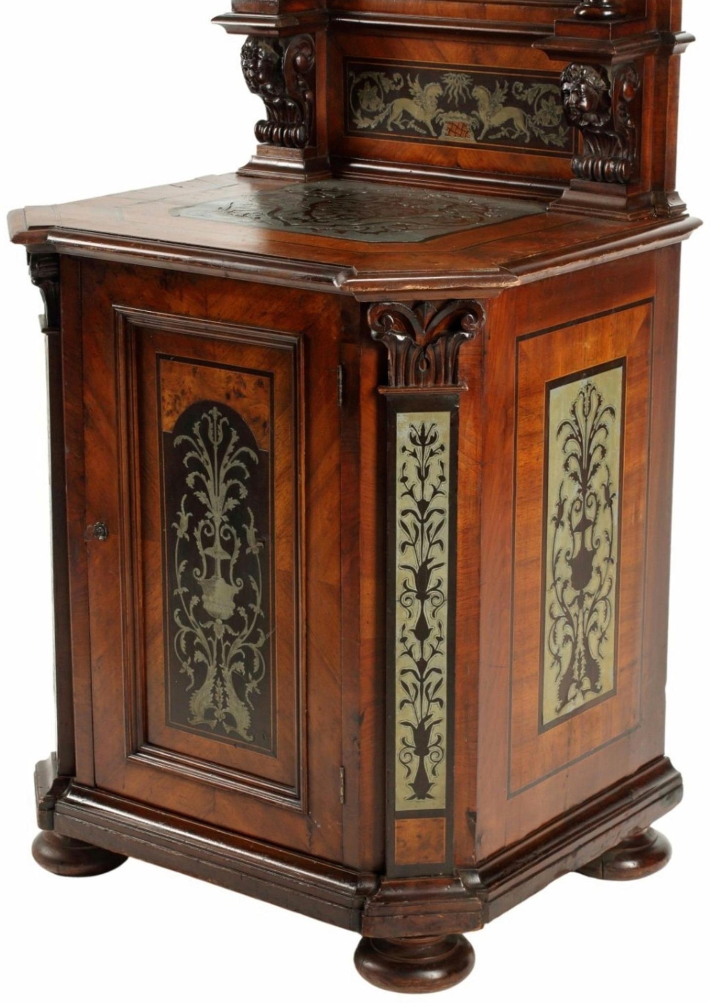 Fine European Renaissance Revival Hand-Carved Pewter Inlaid Cabinet  In Good Condition For Sale In Forney, TX