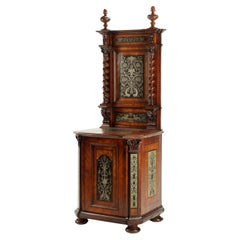 Antique Fine European Renaissance Revival Hand-Carved Pewter Inlaid Cabinet