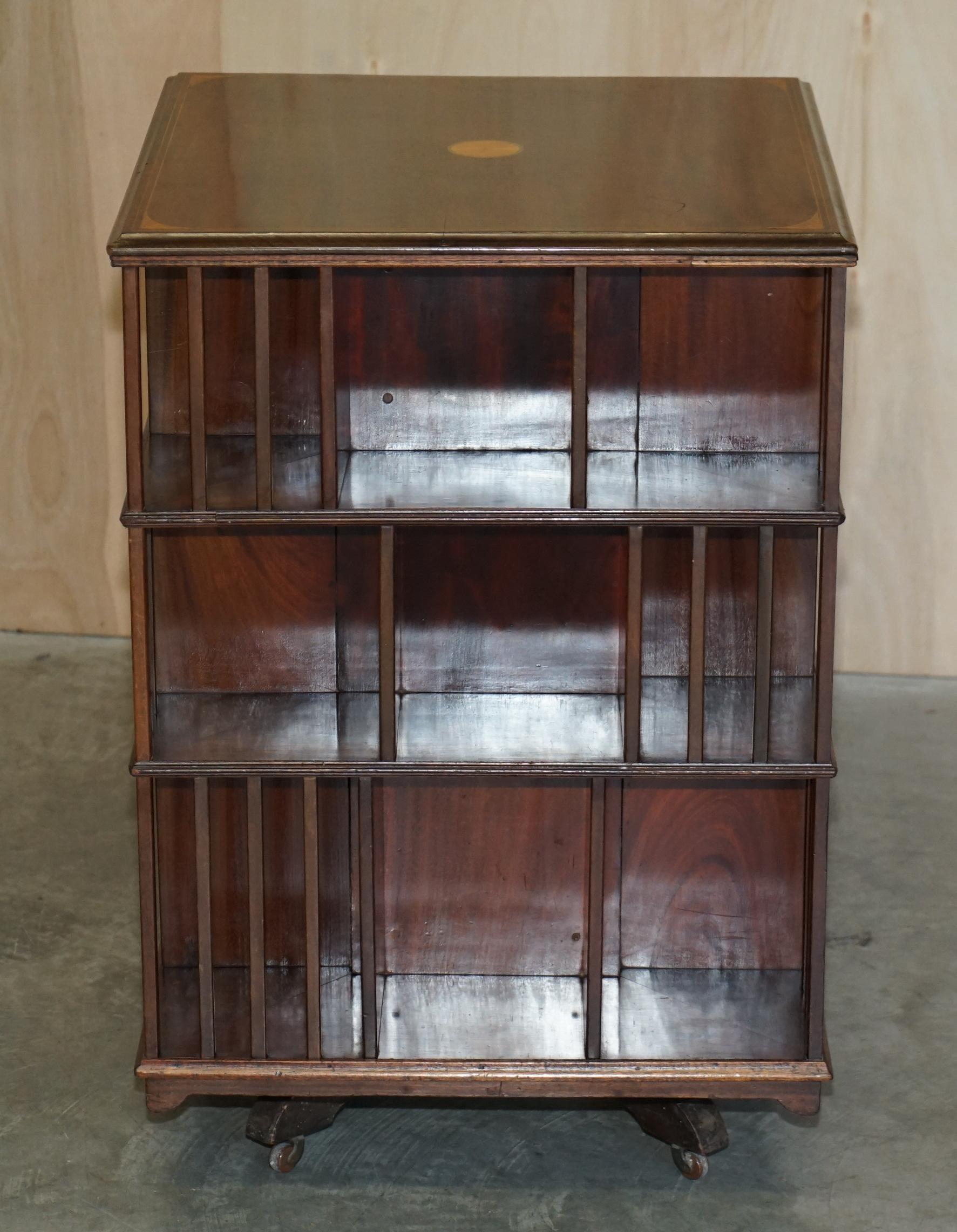 English Fine Extra Large Antique Sheraton Hardwood & Satinwood Revolving Bookcase Table For Sale