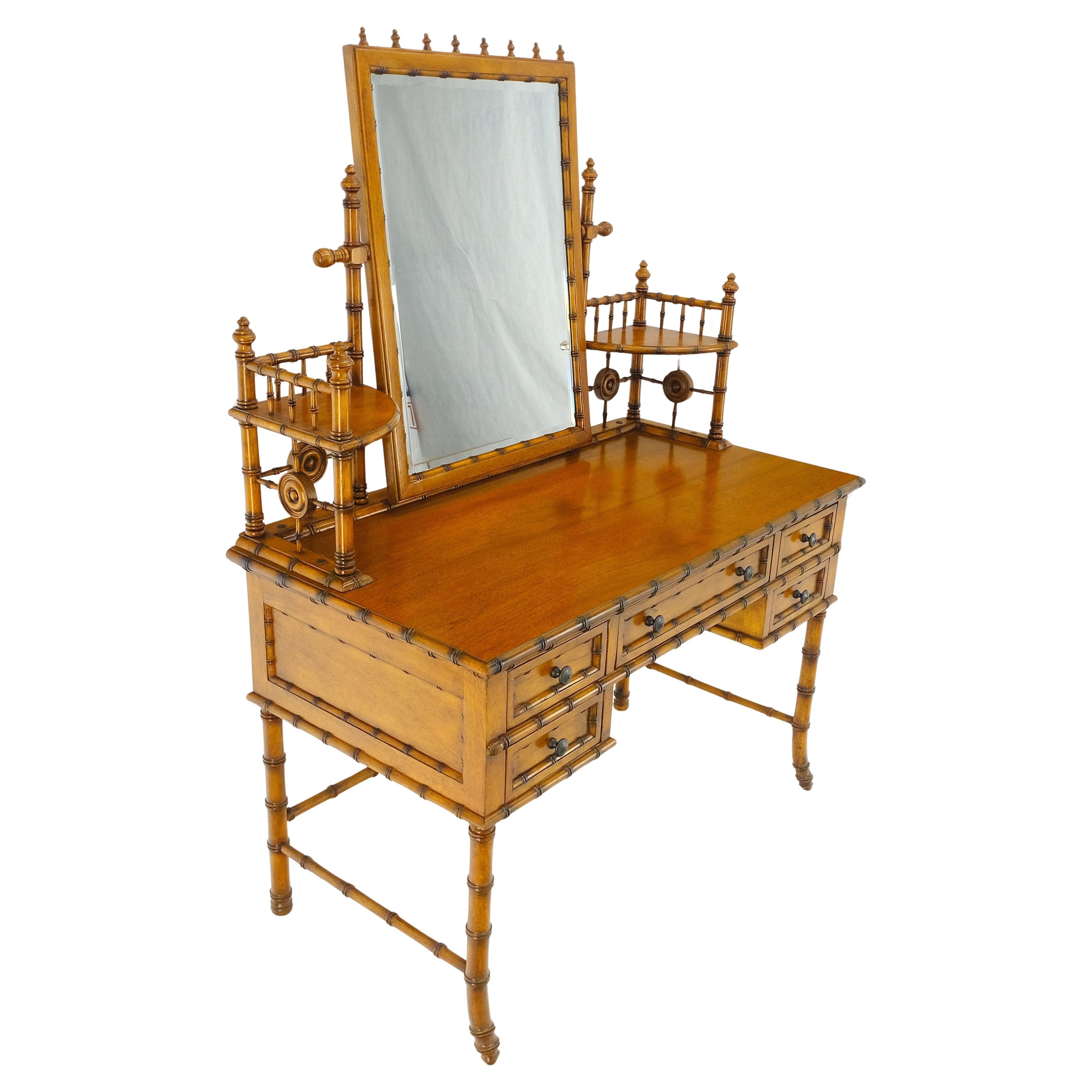 Fine Faux Burnt Bamboo Vanity Dressing 5 Drawers Table Tilting Mirror MINT For Sale