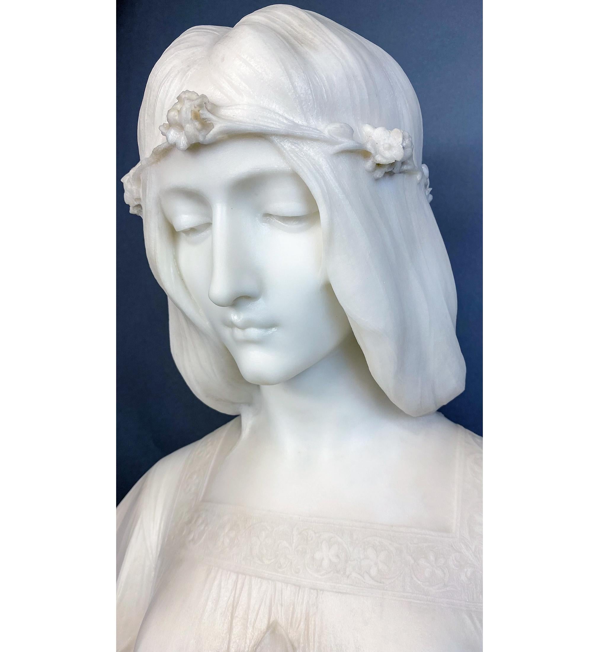 Fine Female White Marble Bust with Lilies In Good Condition For Sale In New York, NY