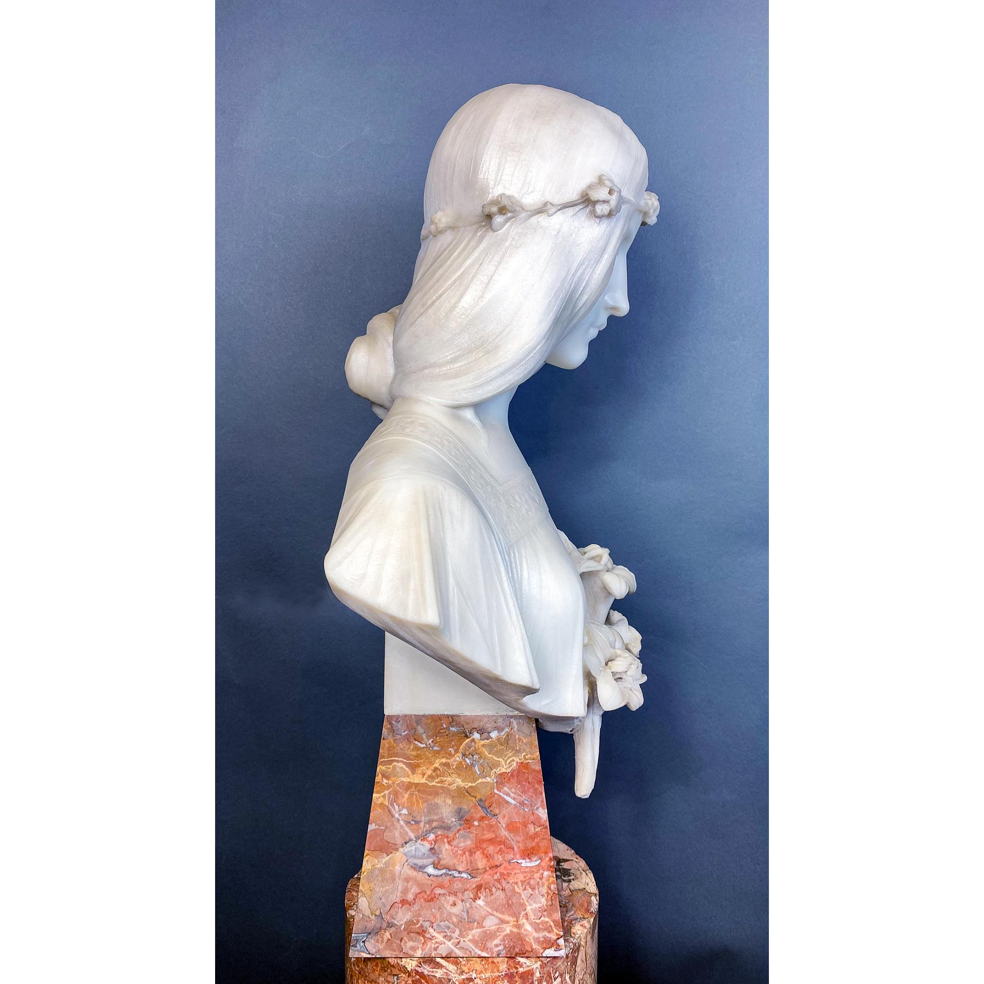 19th Century Fine Female White Marble Bust with Lilies For Sale