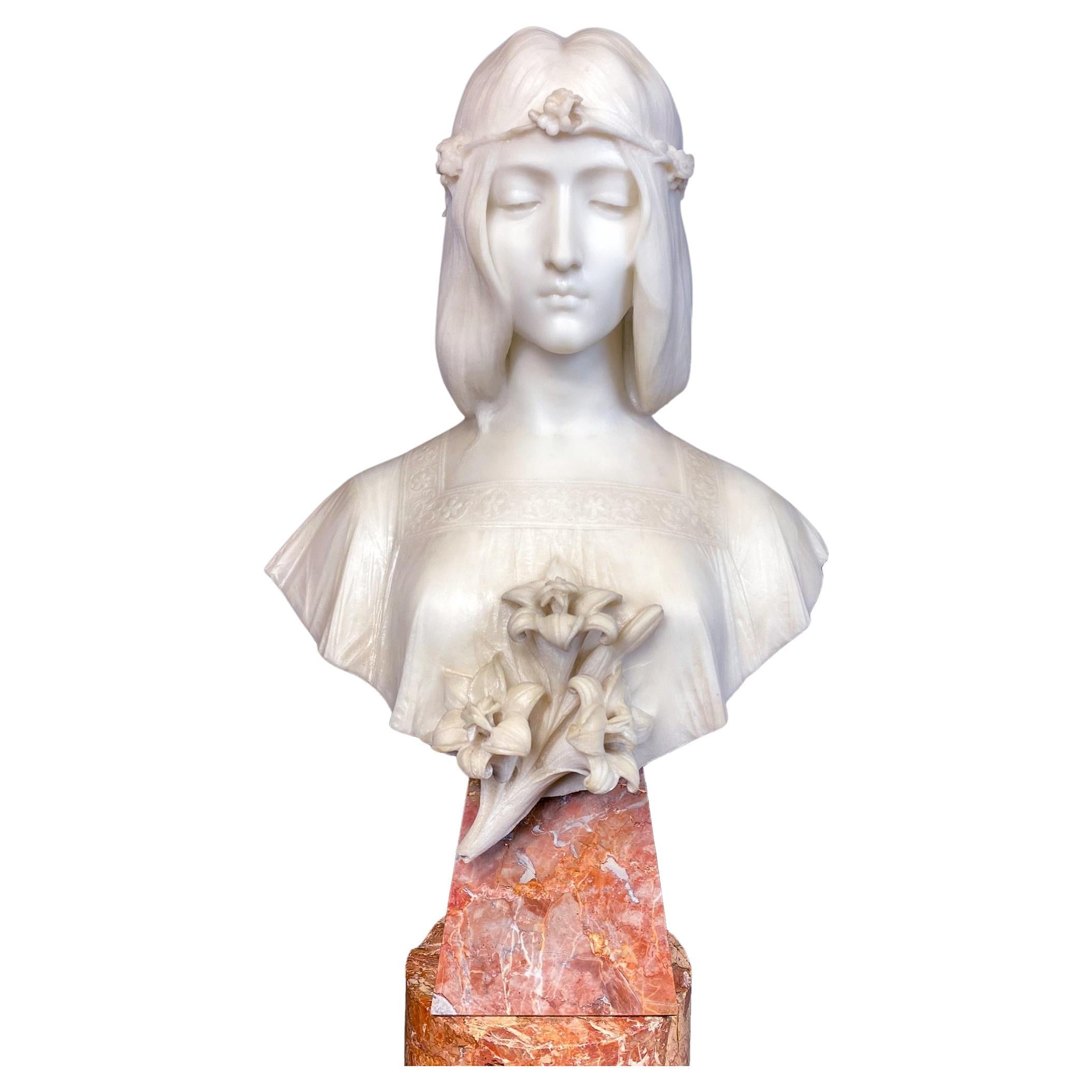 Fine Female White Marble Bust with Lilies For Sale