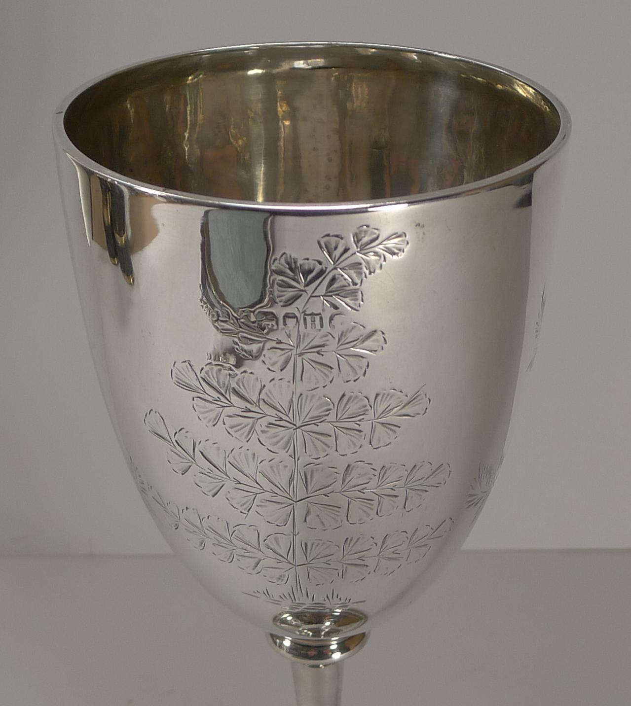Late Victorian Fine Fern Engraved Sterling Silver Goblet, 1883