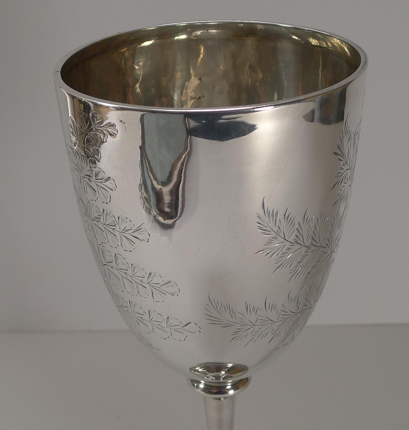 English Fine Fern Engraved Sterling Silver Goblet, 1883