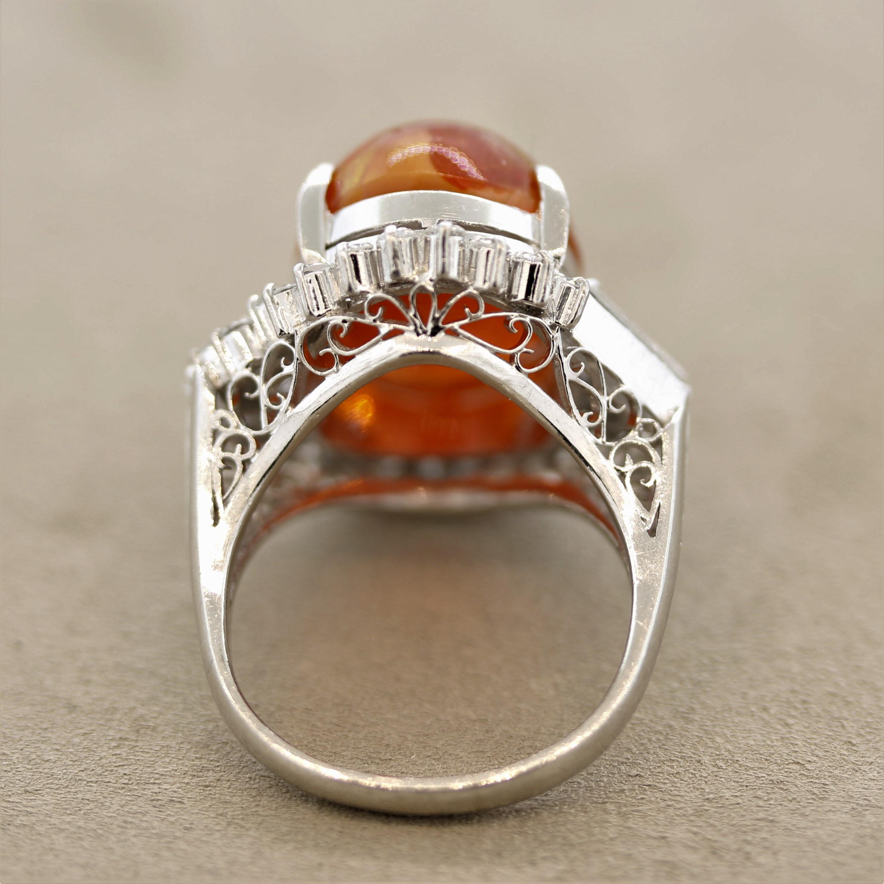 Mixed Cut Fine Fire Opal Diamond Platinum Cocktail Ring For Sale
