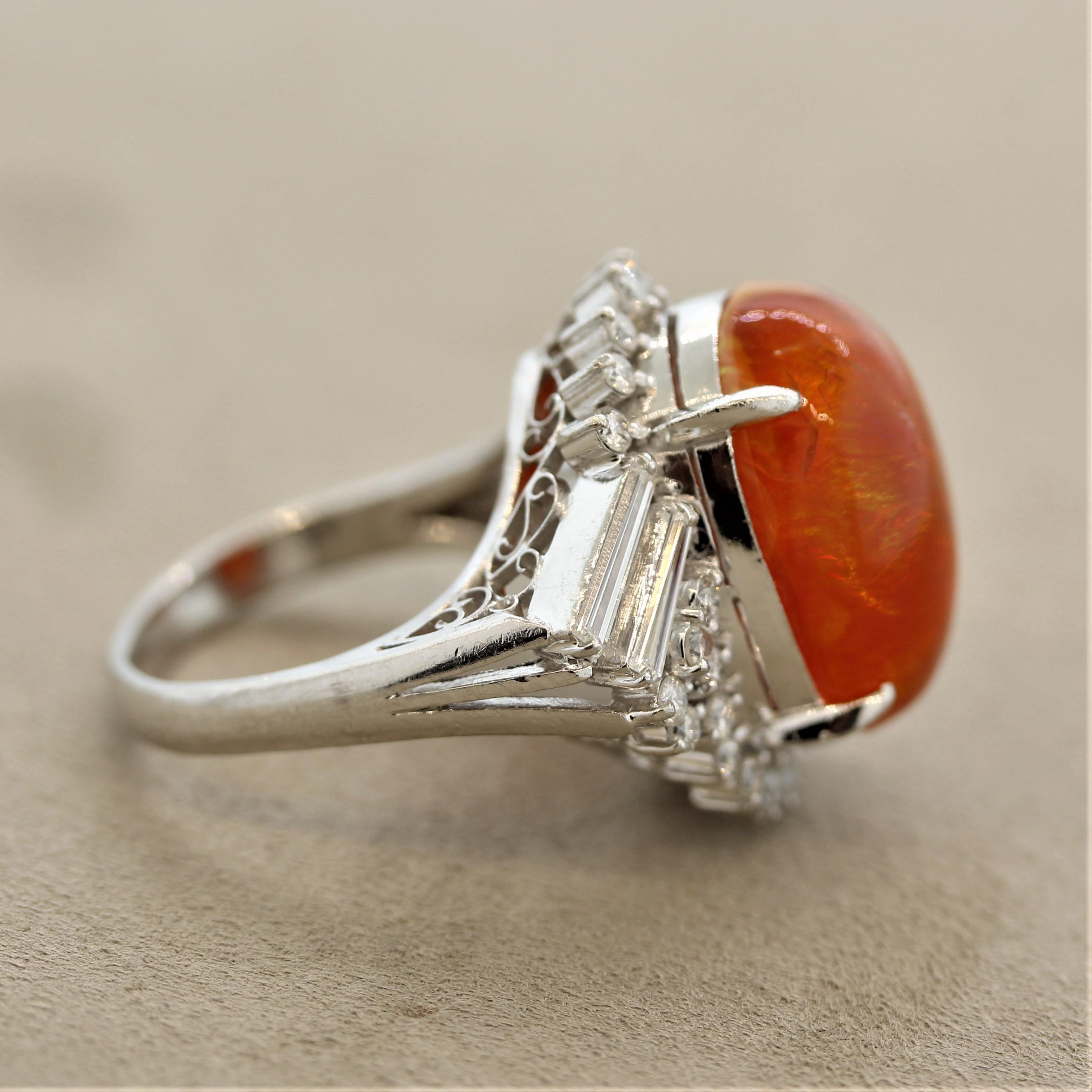 Fine Fire Opal Diamond Platinum Cocktail Ring In New Condition For Sale In Beverly Hills, CA