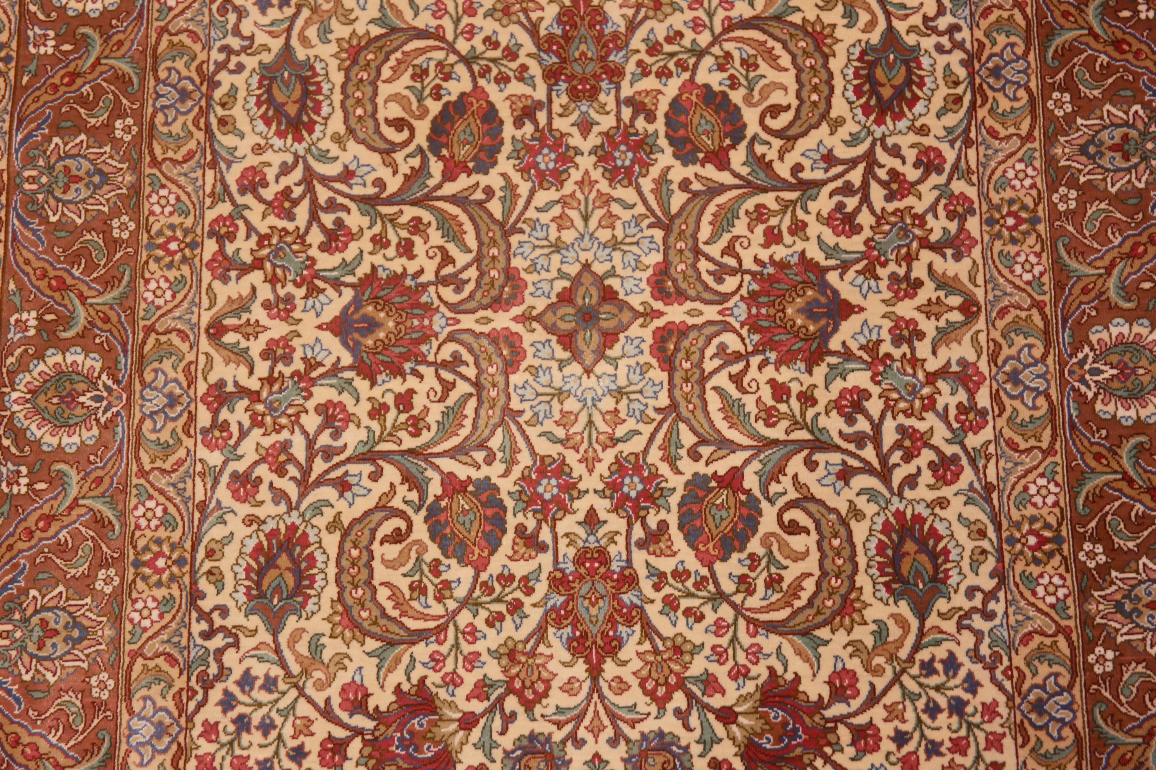 Gorgeous Fine Luxurious Floral Design Vintage Persian Qum Silk Hallway Runner Rug, country of origin: Persian rugs, Circa date: Vintage