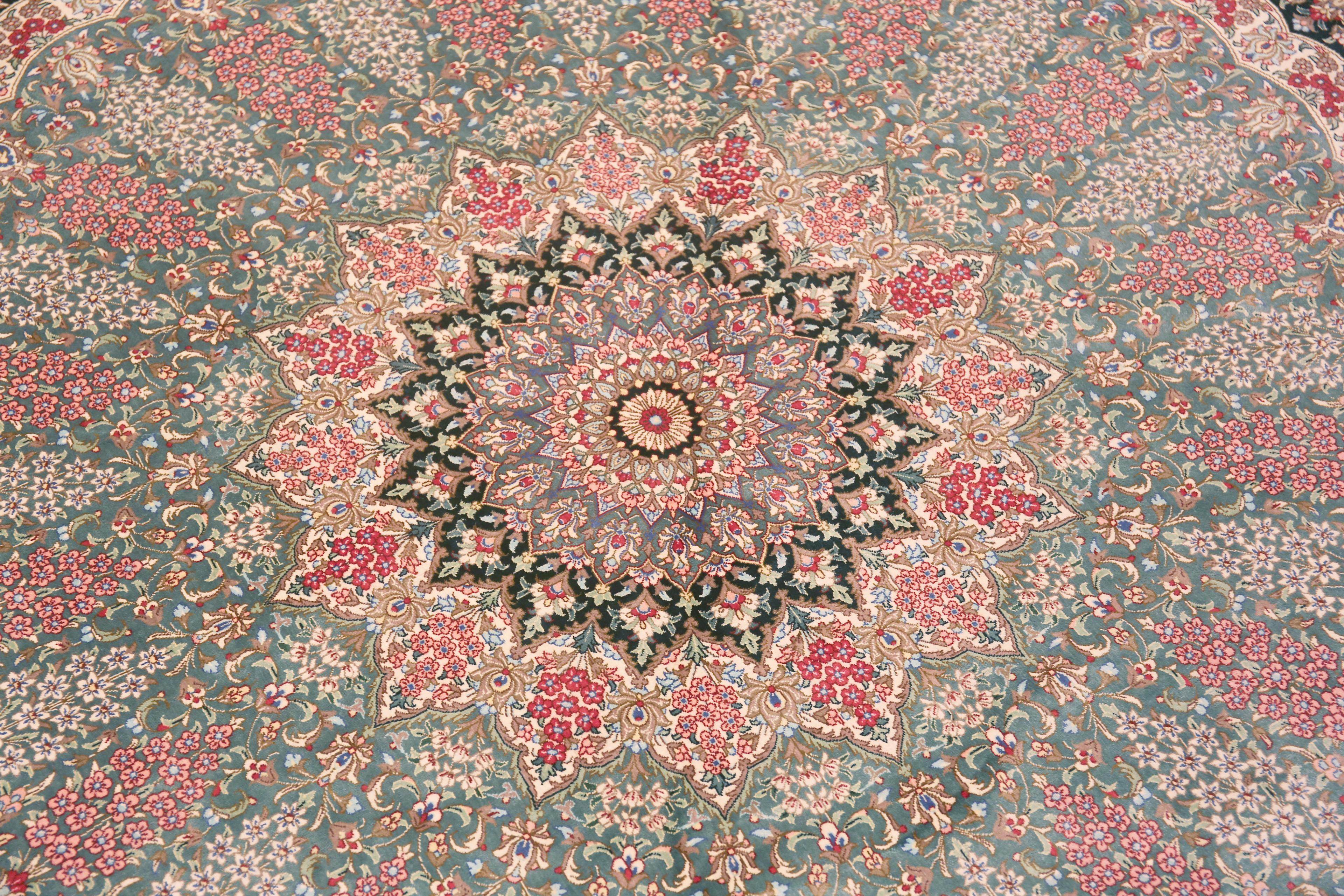 Fine Floral Medallion Round Shape Vintage Persian Silk Qum Rug 6'7