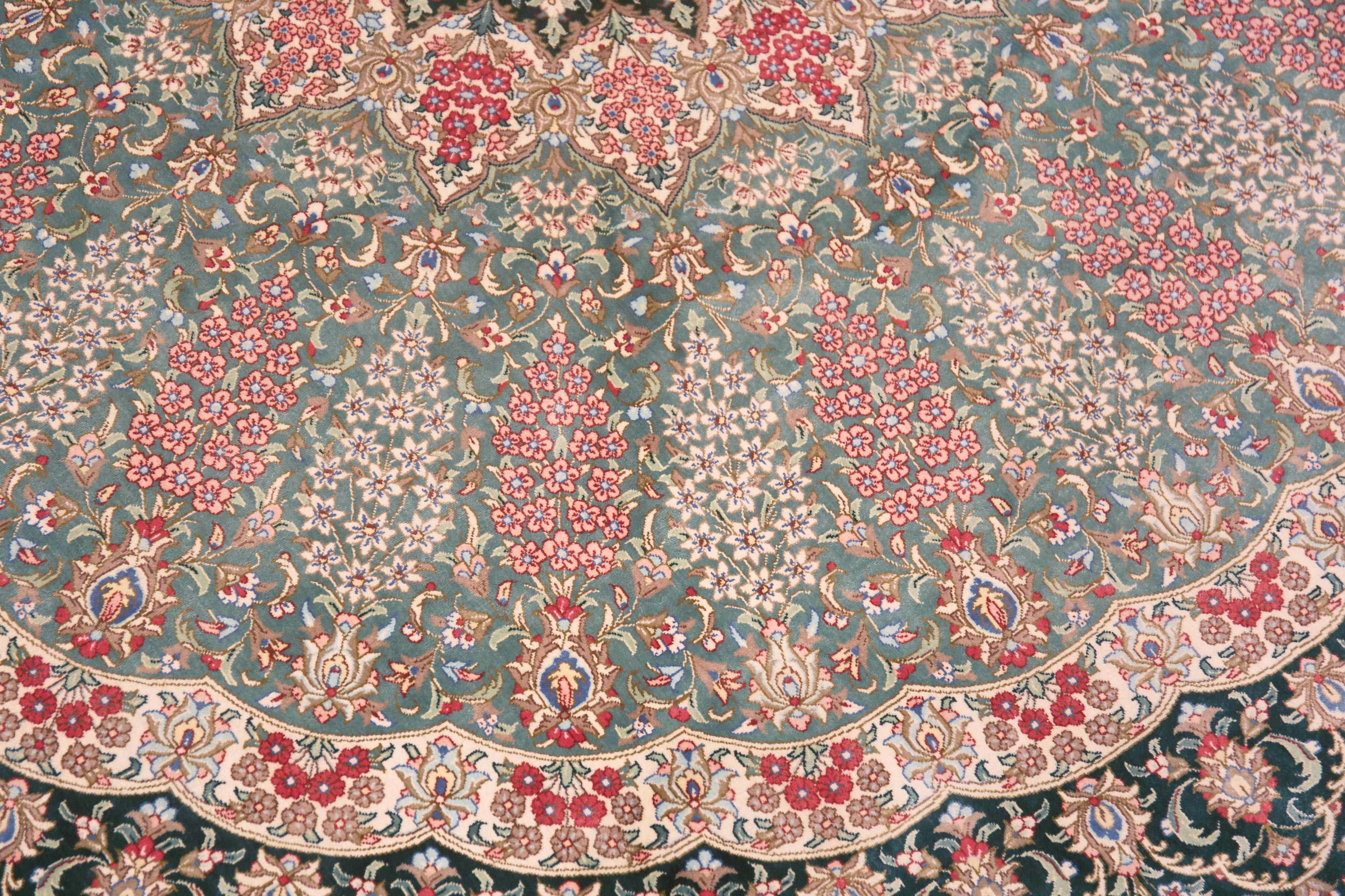 Tabriz Fine Floral Medallion Round Shape Vintage Persian Silk Qum Rug 6'7