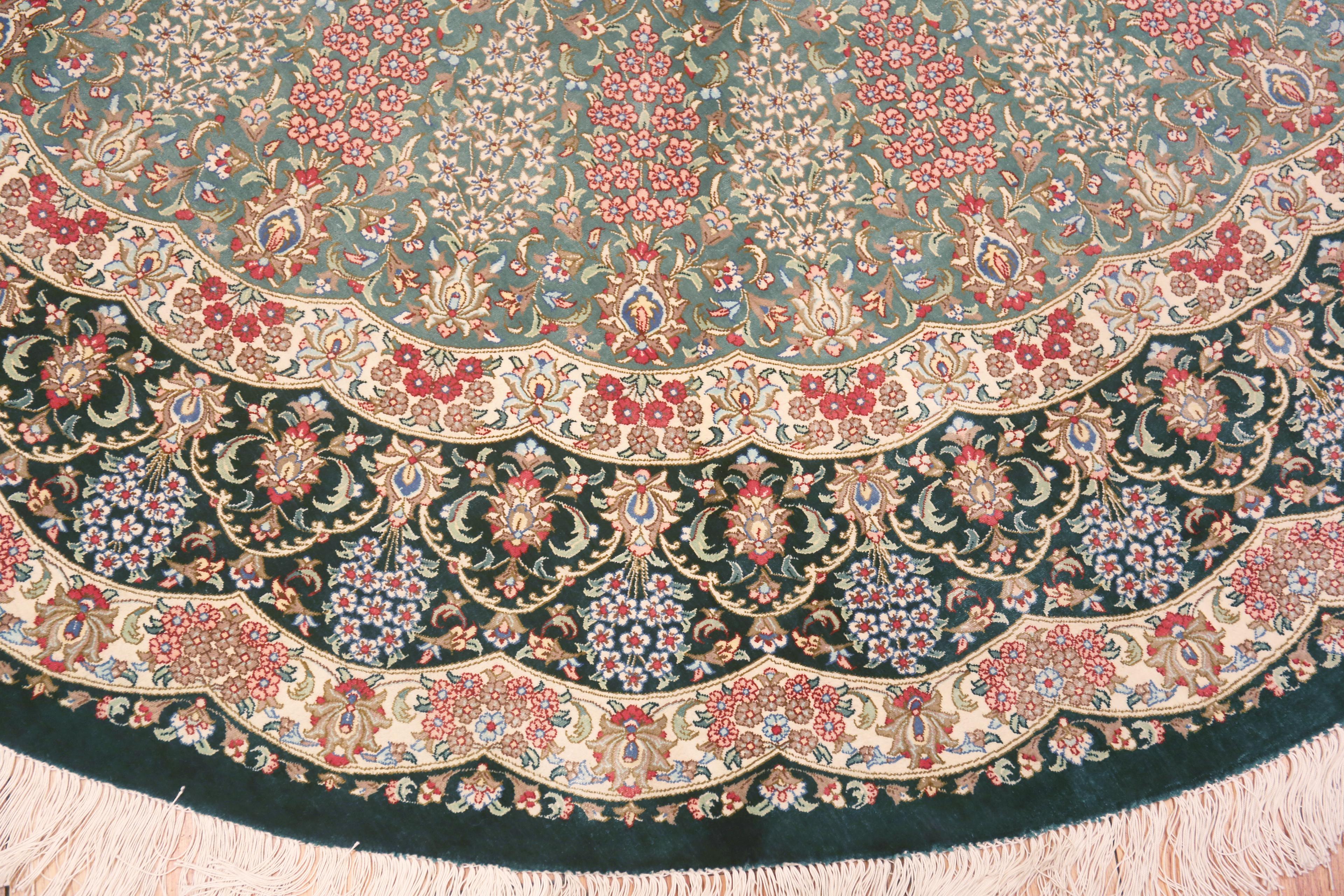 Hand-Knotted Fine Floral Medallion Round Shape Vintage Persian Silk Qum Rug 6'7