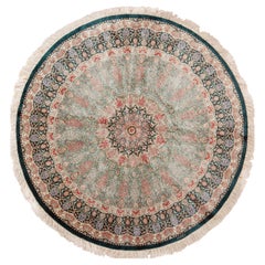 Fine Floral Medallion Round Shape Vintage Persian Silk Qum Rug 6'7" x 6'7"