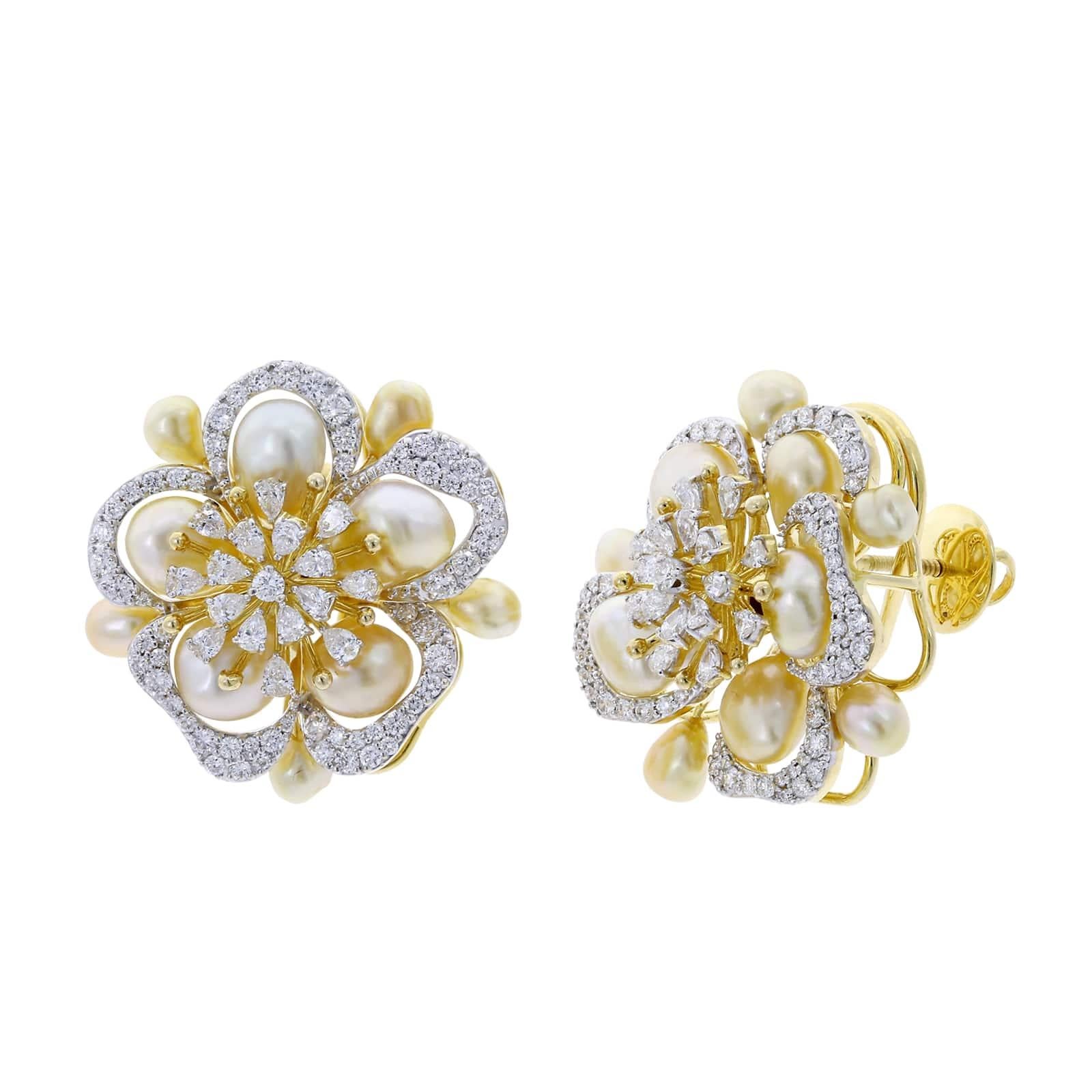 Fine Floral Pearl and Diamond Earrings, 18 Karat Yellow Gold by D'Deco In New Condition In New York, NY